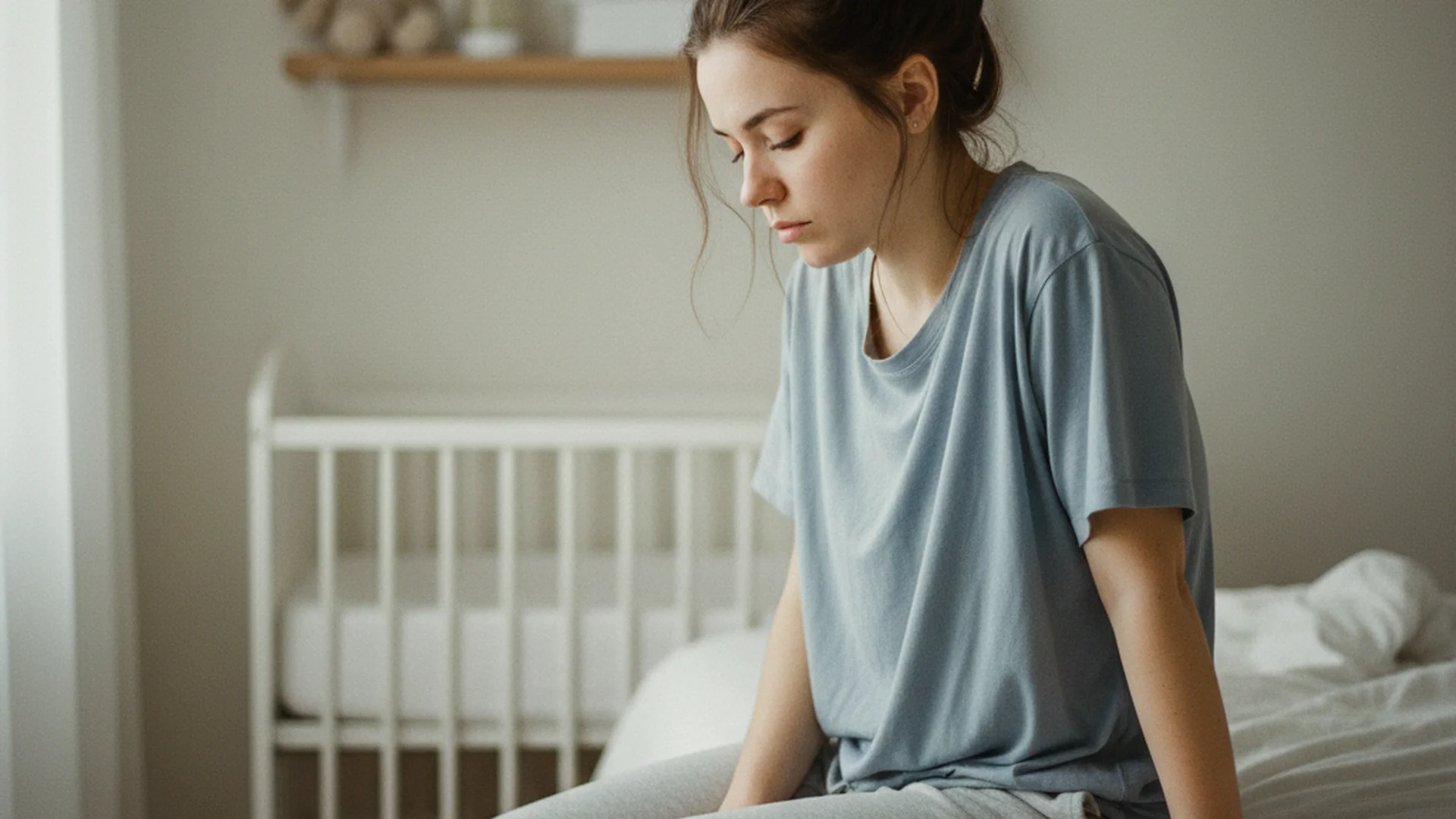 Jeune maman fatiguée assise sur le bord d'un lit, légèrement penchée en avant, ambiance authentique du quotidien post-partum