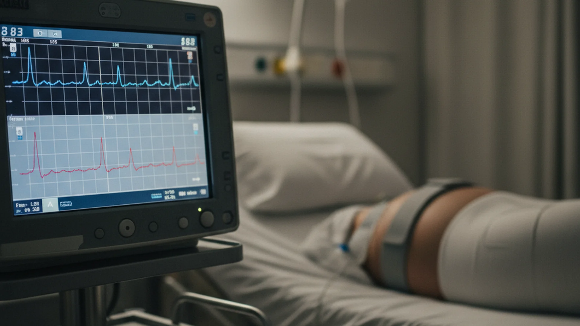 Sage-femme vérifiant le monitoring fœtal sur un écran dans une salle de naissance lumineuse, femme enceinte allongée au premier plan
