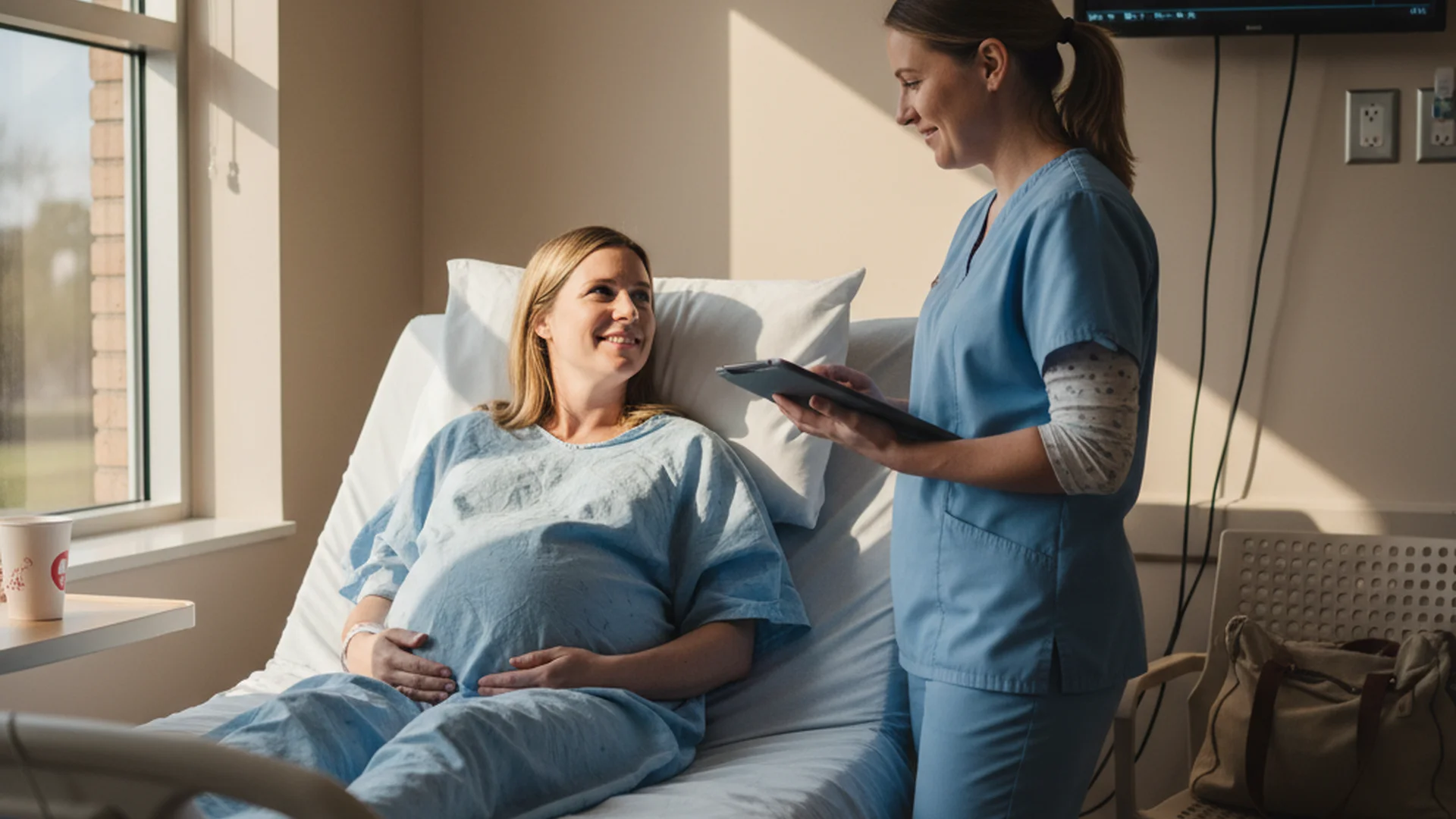 Femme enceinte dans un couloir de maternité, légèrement soulagée après avoir parlé avec sa sage-femme, lumière naturelle, ambiance calme