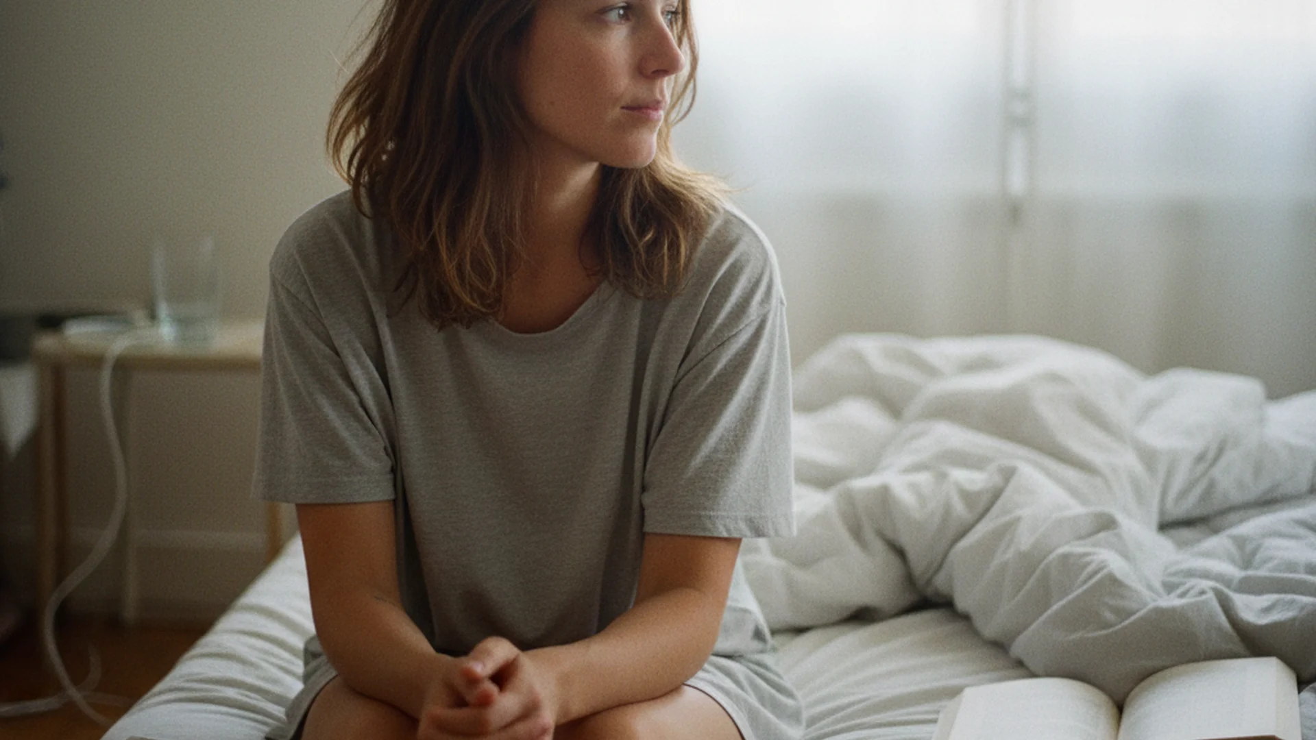 Femme assise seule sur un lit dans la lumière douce du matin, le regard pensif et les mains posées sur les genoux