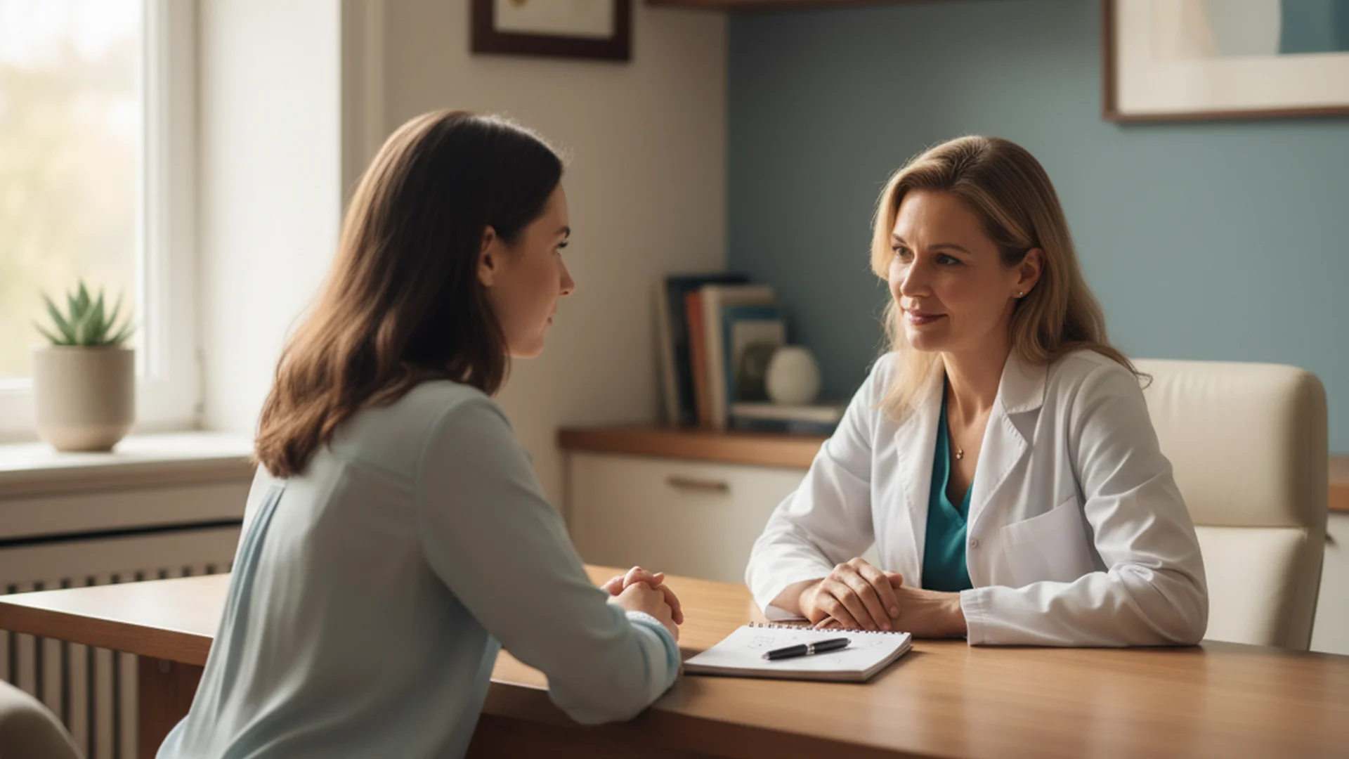 Femme enceinte dans un cabinet médical, en consultation avec sa gynécologue, ambiance calme et rassurante