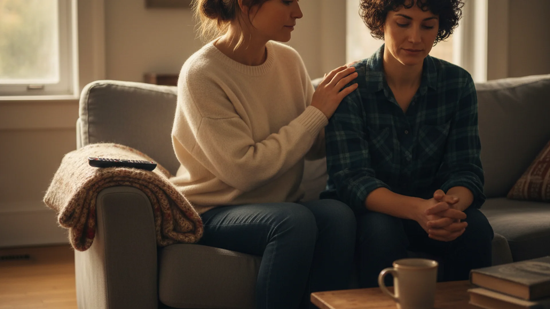 Deux femmes assises côte à côte sur un canapé, l'une posant doucement la main sur l'épaule de l'autre dans un geste de soutien silencieux