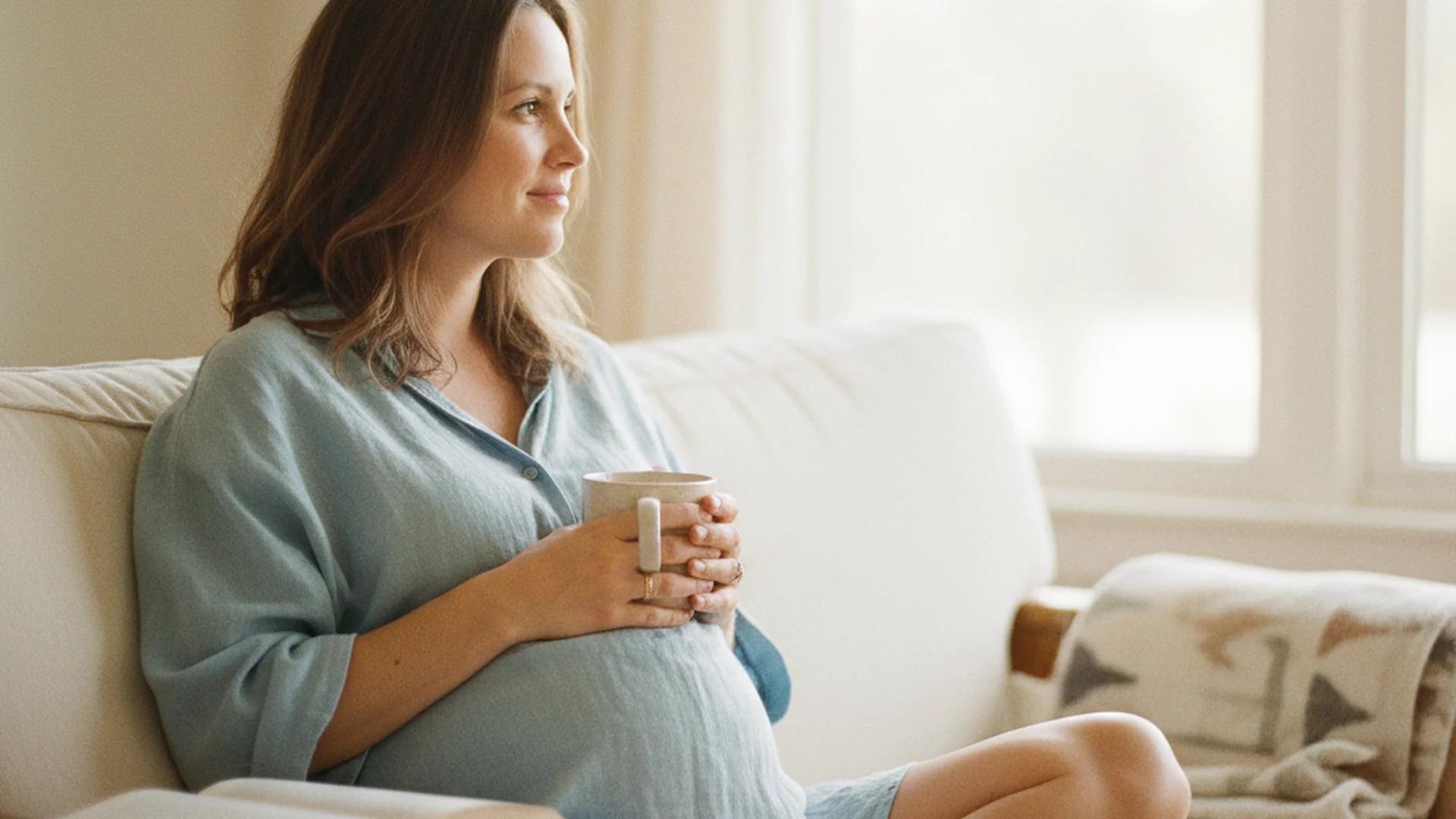 Femme enceinte dans la trentaine assise en lumière naturelle, tenant un livre, regard serein