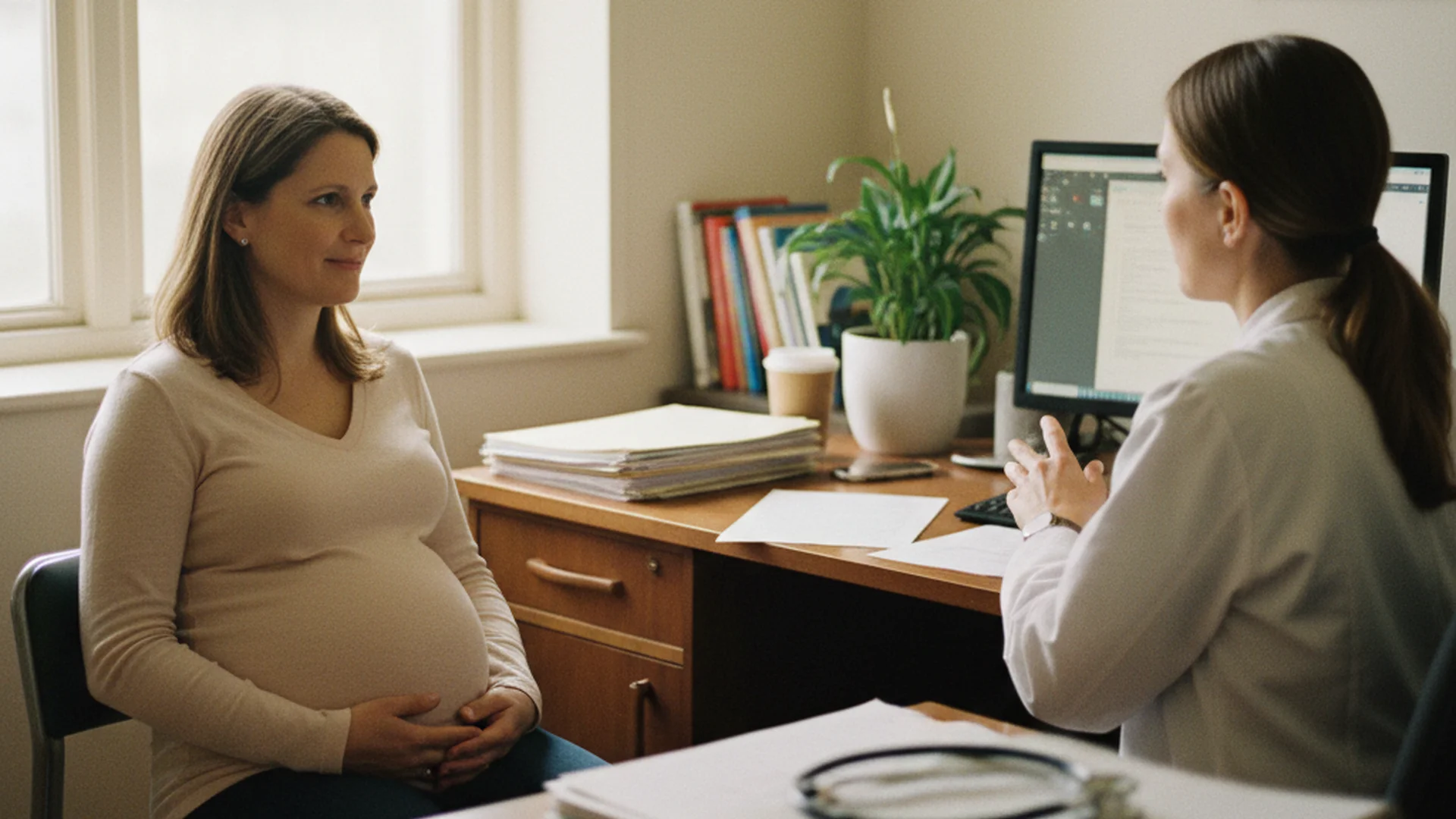 Femme enceinte en consultation médicale, assise face à un professionnel de santé, ambiance calme dans un cabinet lumineux