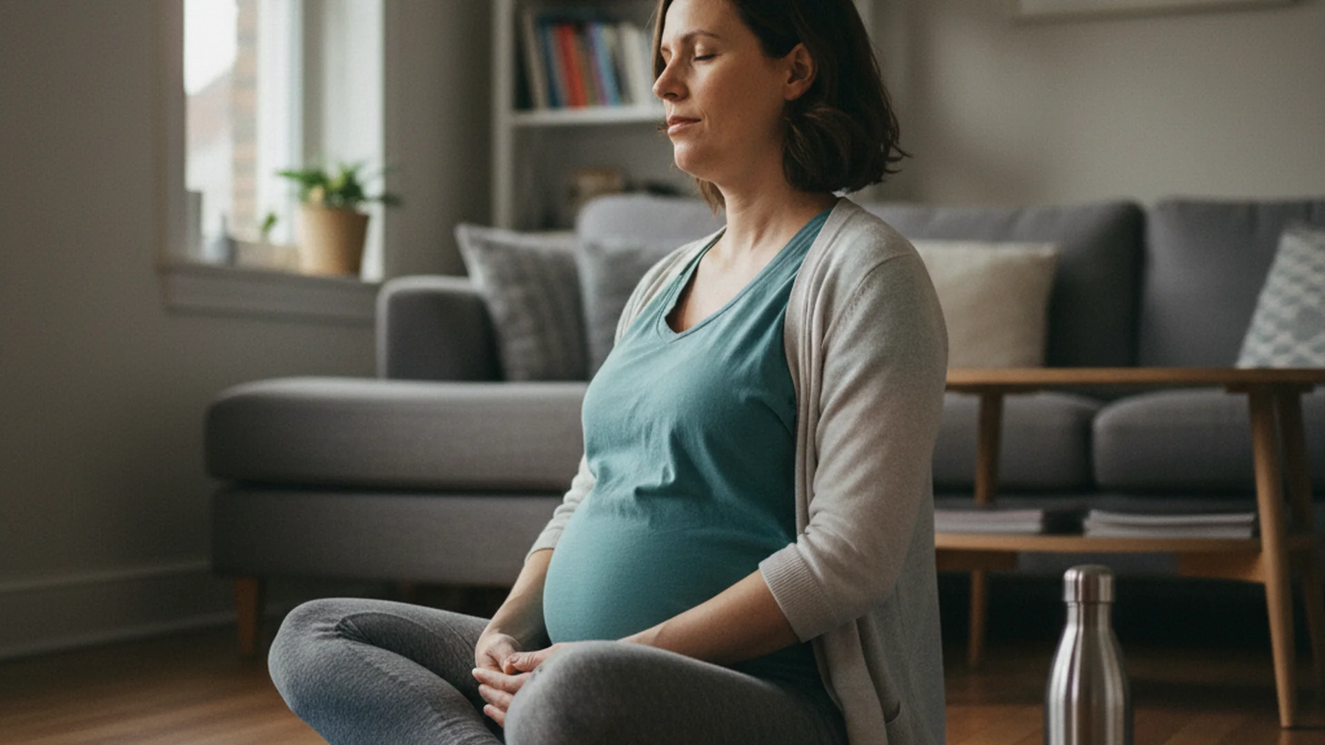 Femme enceinte faisant du yoga doux dans son salon, en position assise de relaxation, lumière naturelle