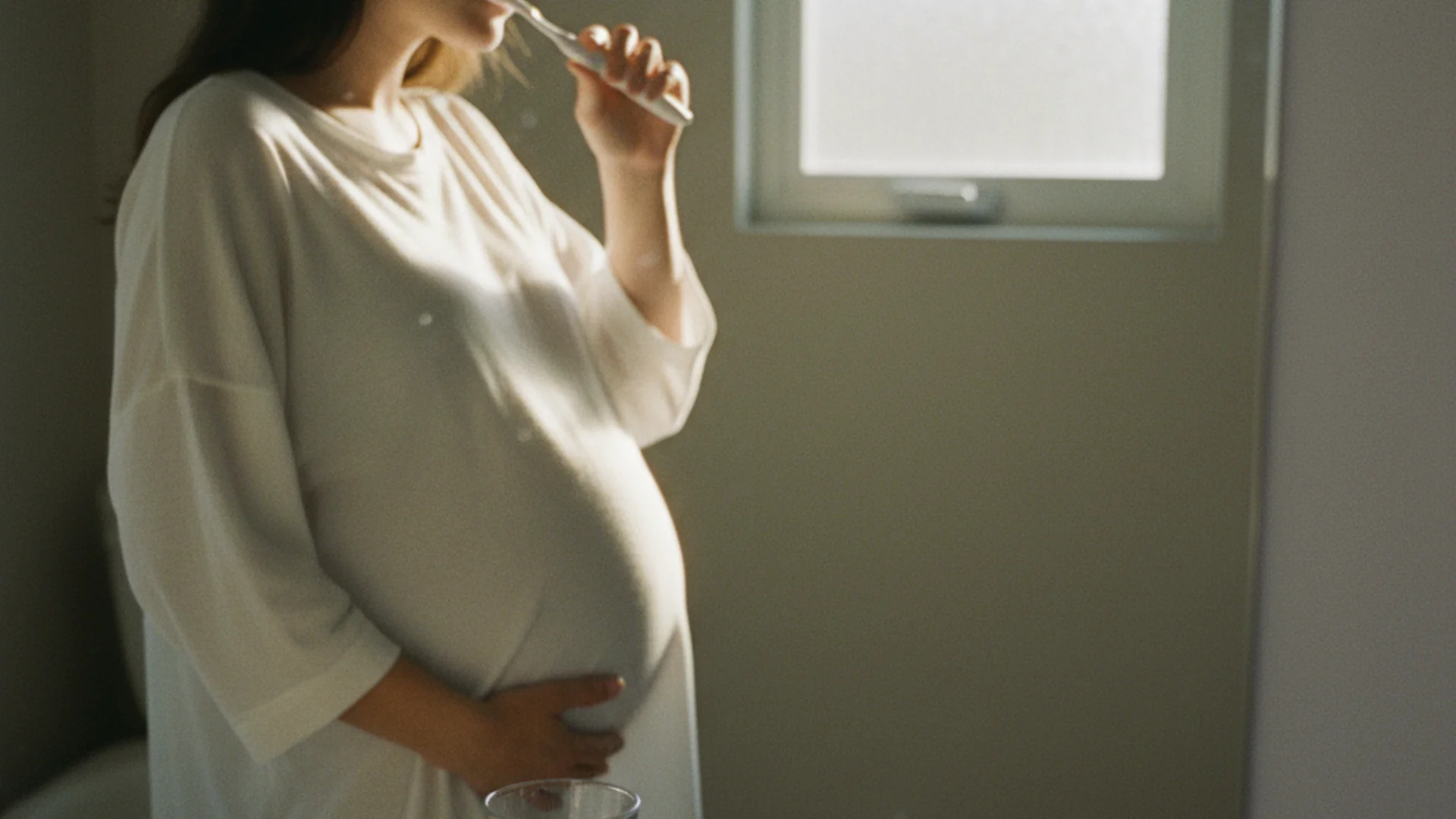 Femme enceinte se brossant les dents dans une salle de bain lumineuse au quotidien