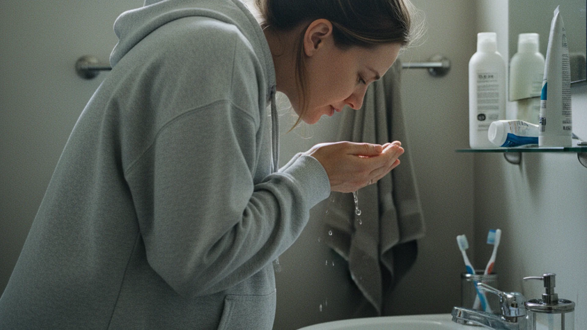 Femme enceinte se rinçant la bouche dans une salle de bain, lumière douce, cadrage naturel