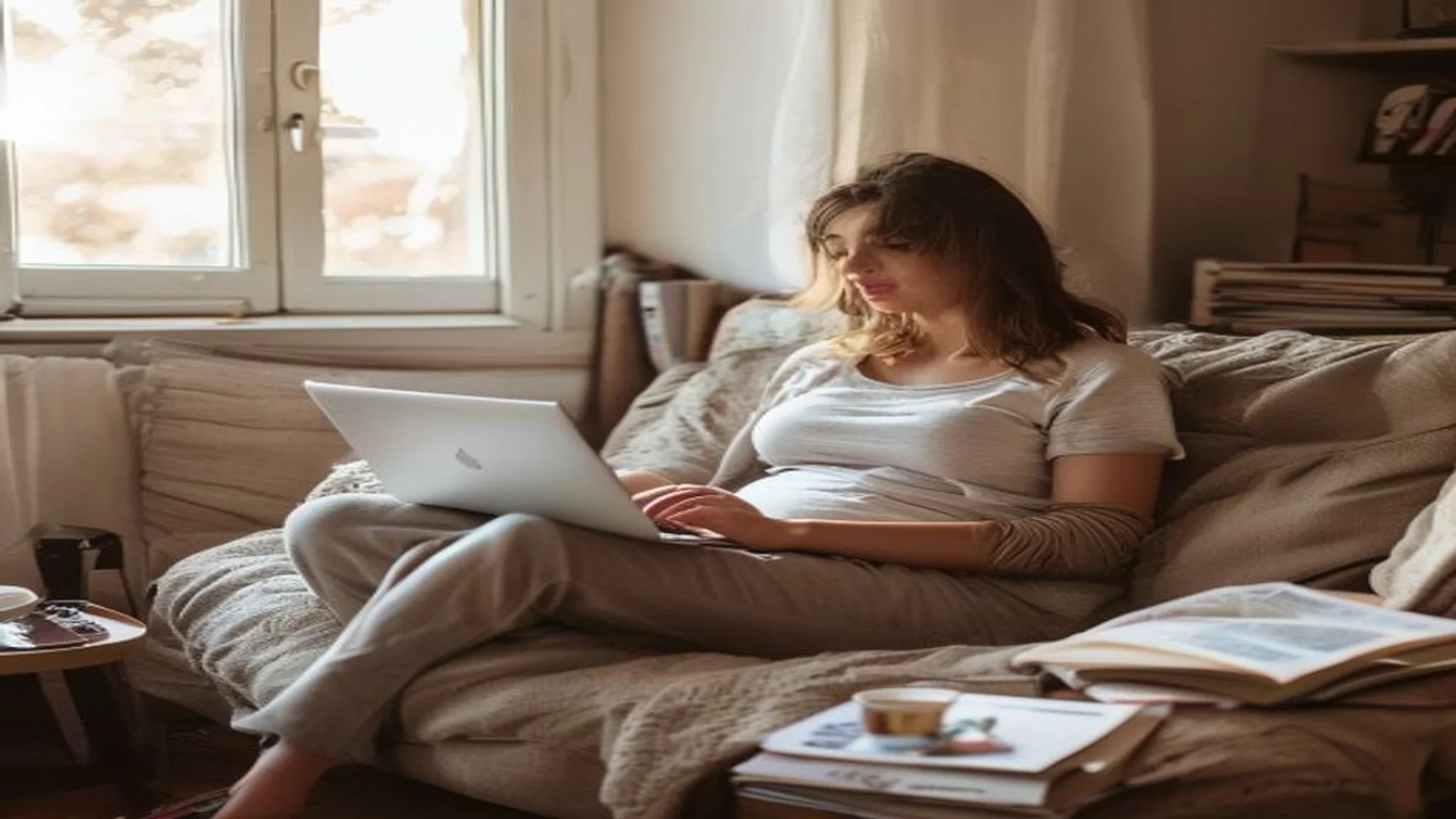 Femme enceinte vérifiant un document juridique sur son ordinateur, mug de tisane posé à côté, salon lumineux avec un plaid sur le canapé
