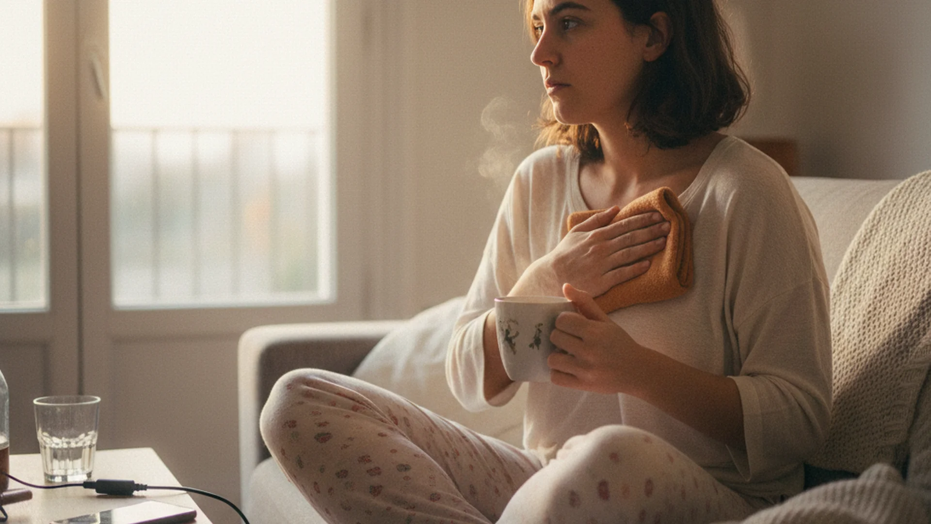 Nouvelle maman en pyjama dans son salon, tenant une compresse chaude contre son sein, expression de fatigue et de détermination, lumière naturelle authentique