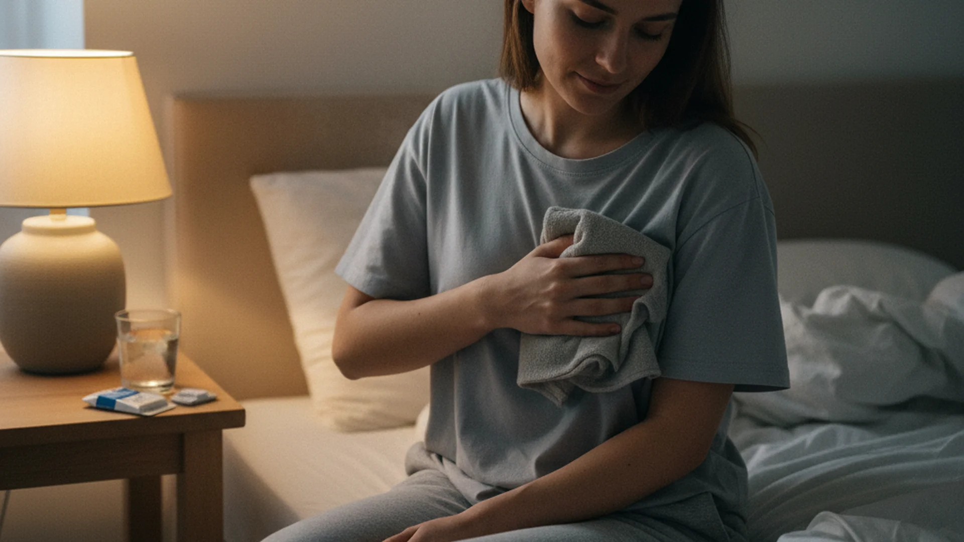 Nouvelle maman en pyjama dans son salon, tenant une compresse chaude contre son sein, expression de fatigue et de soulagement, lumière douce de fin de journée, décor de salon ordinaire avec télécommande et verre d'eau sur la table basse