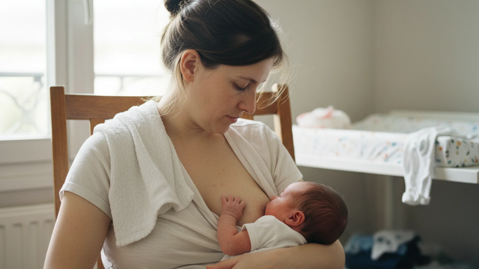 Maman allaitant son nouveau-né dans une position correcte, bébé bien accroché au sein, cadrage légèrement décentré, lumière naturelle d'une chambre ordinaire, mèche de cheveux retombée sur le front