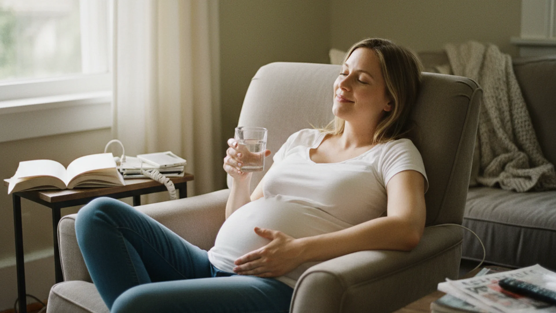 Femme enceinte en robe confortable, tenant un verre d'eau et une boîte de médicaments posée sur sa table basse, lumière naturelle d'une fenêtre