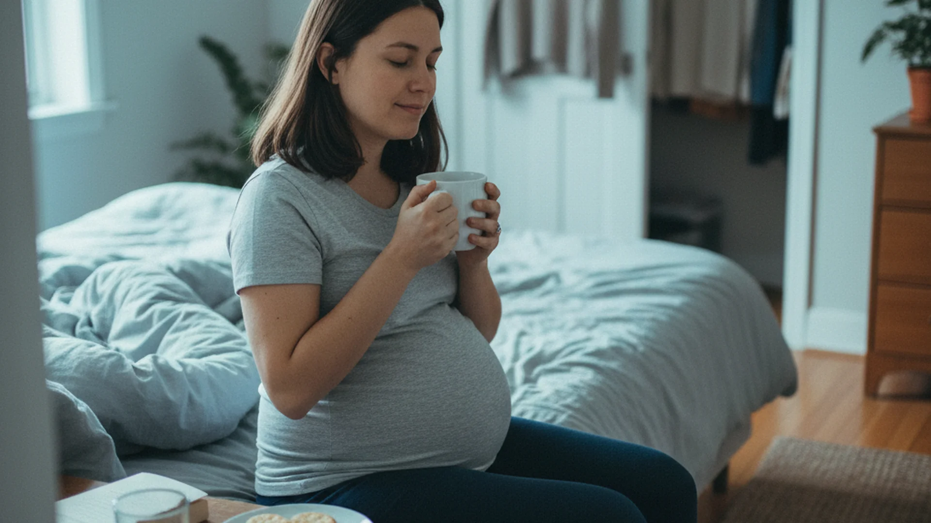 Femme enceinte au premier trimestre assise sur son canapé, tenant une tasse de tisane et des crackers, légère lumière naturelle, arrière-plan légèrement flou