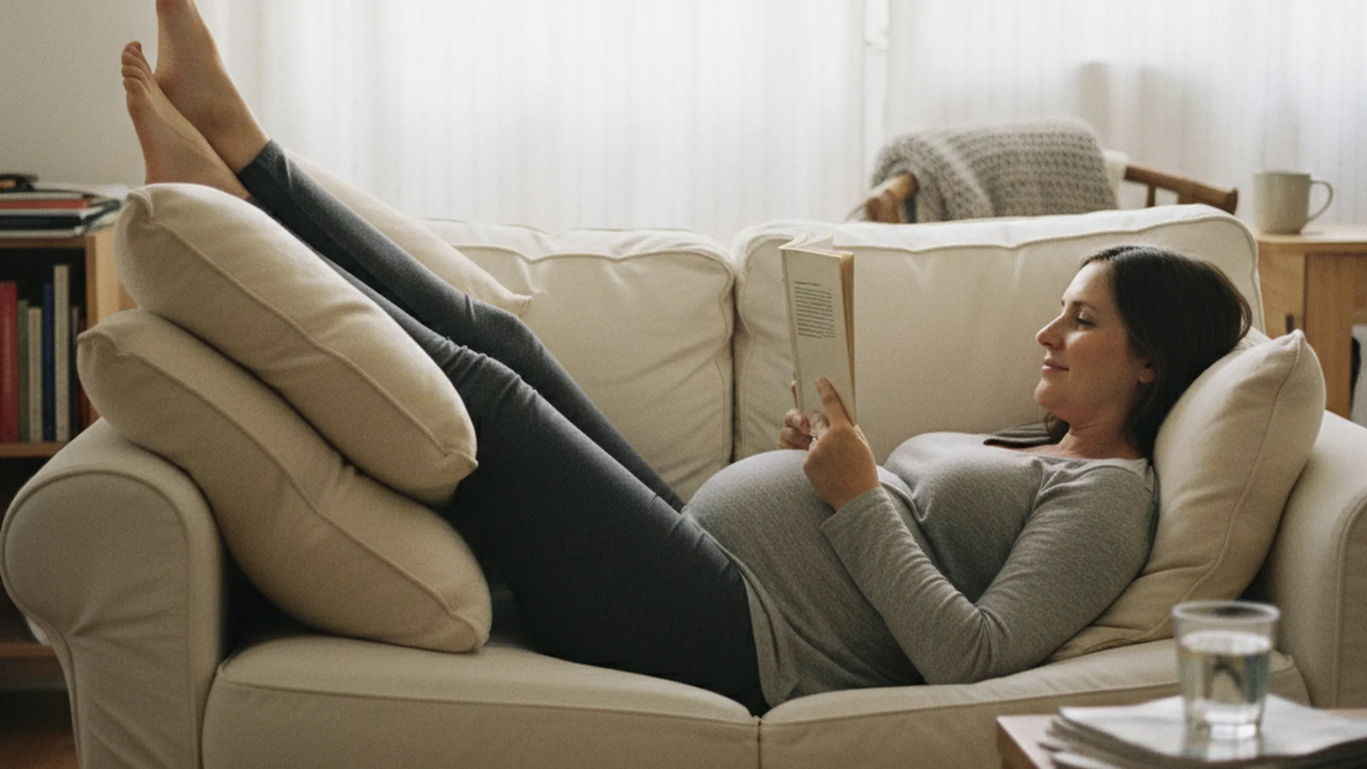 Femme enceinte allongée sur un canapé, pieds surélevés sur des coussins, livre posé sur le ventre, atmosphère cosy