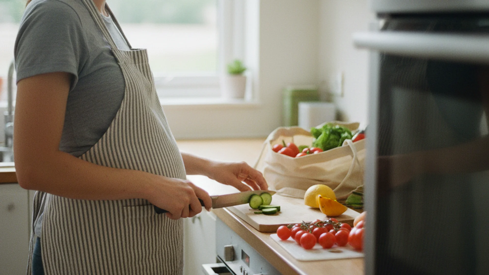 Femme enceinte dans une cuisine, en train de préparer un repas coloré avec des légumes frais, atmosphère lumineuse et naturelle