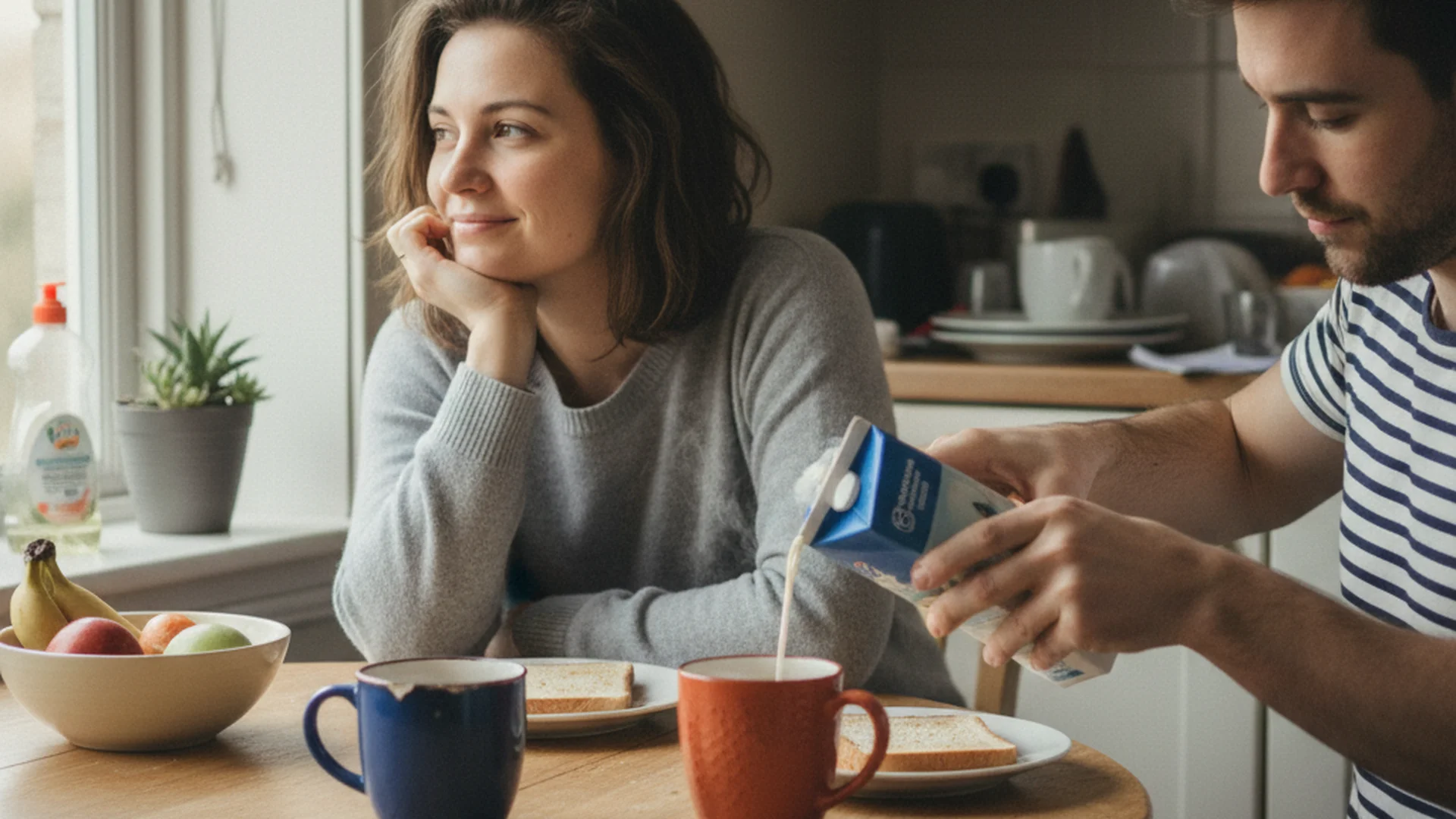 Couple prenant un café du matin ensemble à la table de la cuisine, atmosphère détendue et naturelle, lumière du matin, tasses colorées