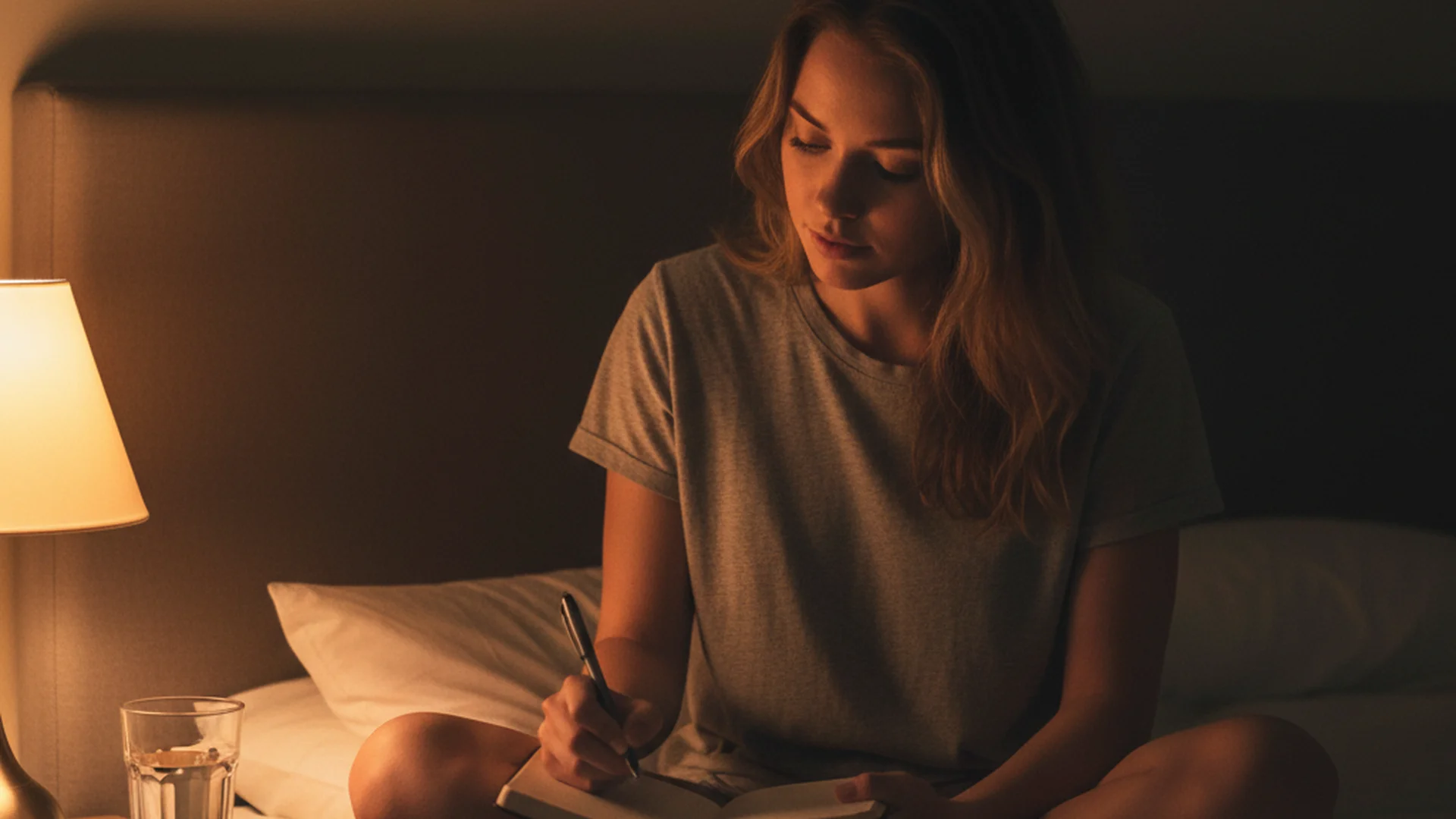 Femme écrivant dans un carnet posé sur une petite table de nuit, lumière douce d'une lampe de chevet, verre d'eau à côté, appartement calme du soir