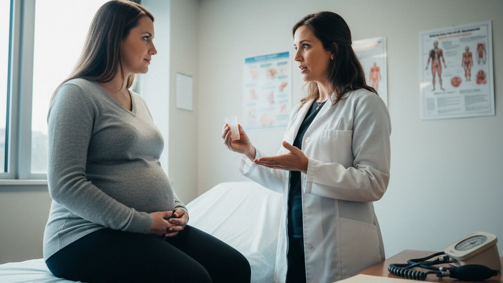 Femme enceinte en consultation médicale dans un cabinet, la sage-femme lui explique calmement les résultats d'un examen