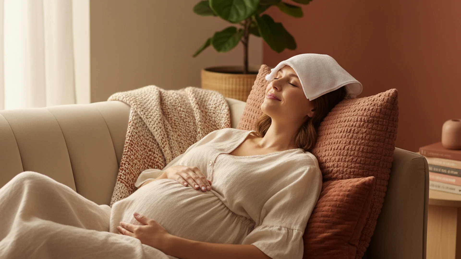 Femme enceinte à la maison, allongée sur le canapé avec une couverture, en train de boire un thé chaud, ambiance cocoon