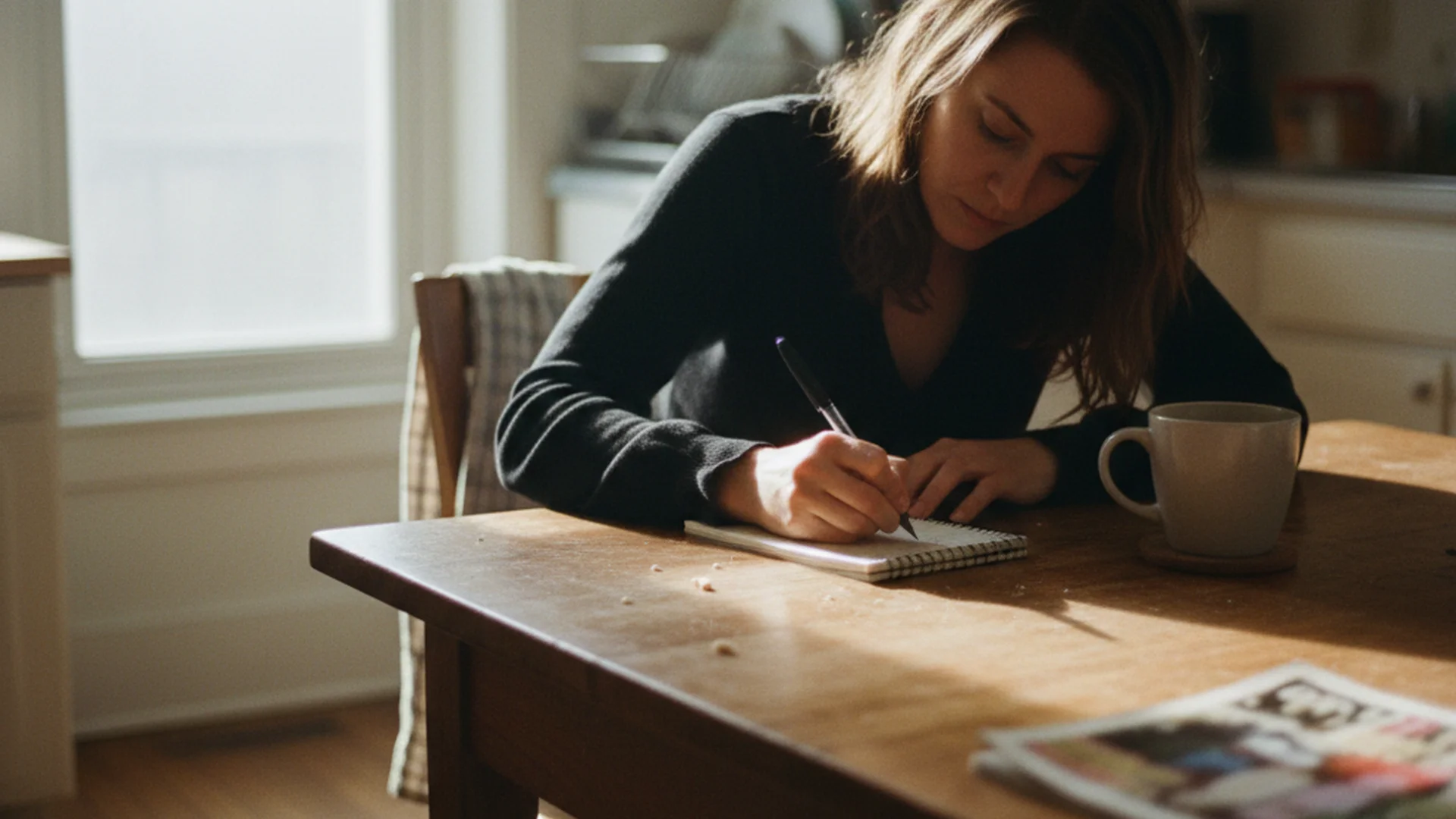 Femme écrivant dans un carnet de suivi de cycle posé sur une table en bois, avec un café à côté, lumière douce d'appartement