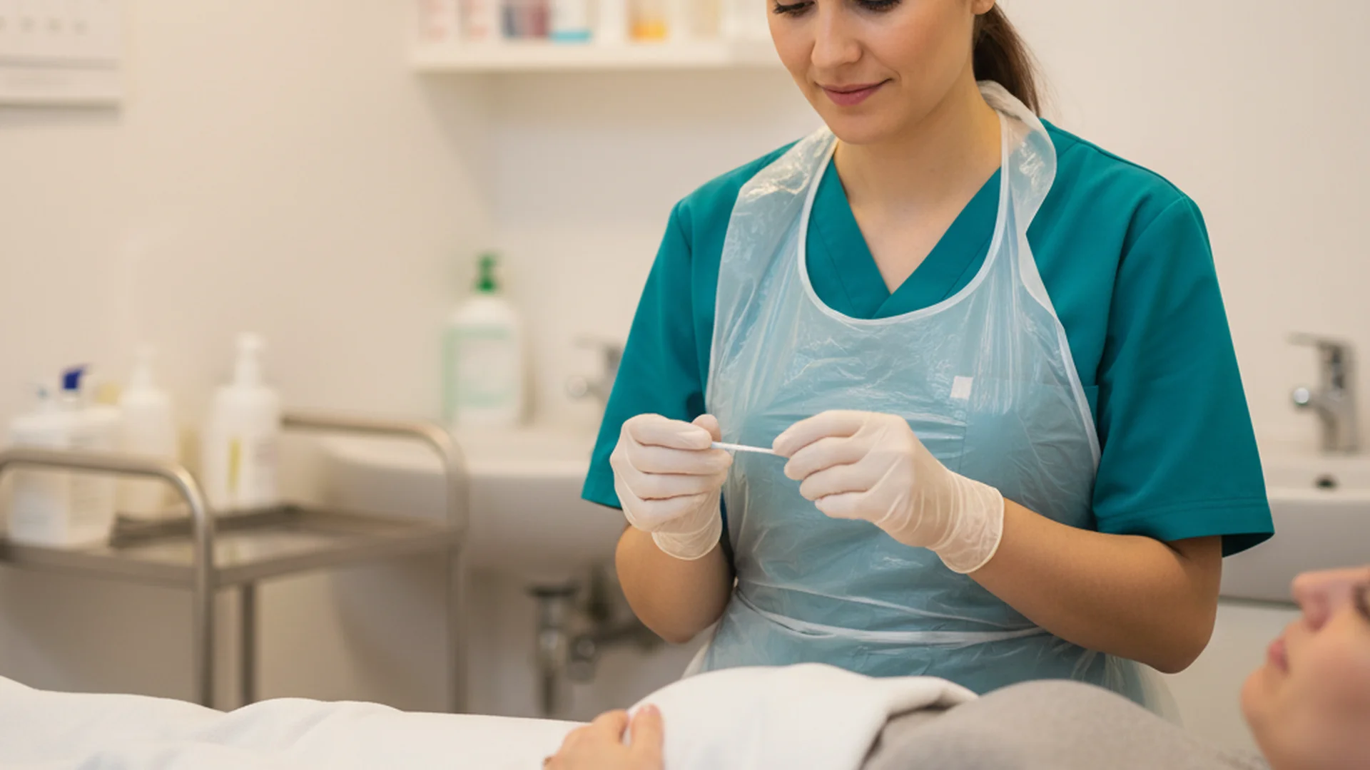 Sage-femme réalisant un prélèvement de dépistage sur une patiente enceinte dans un cabinet médical calme