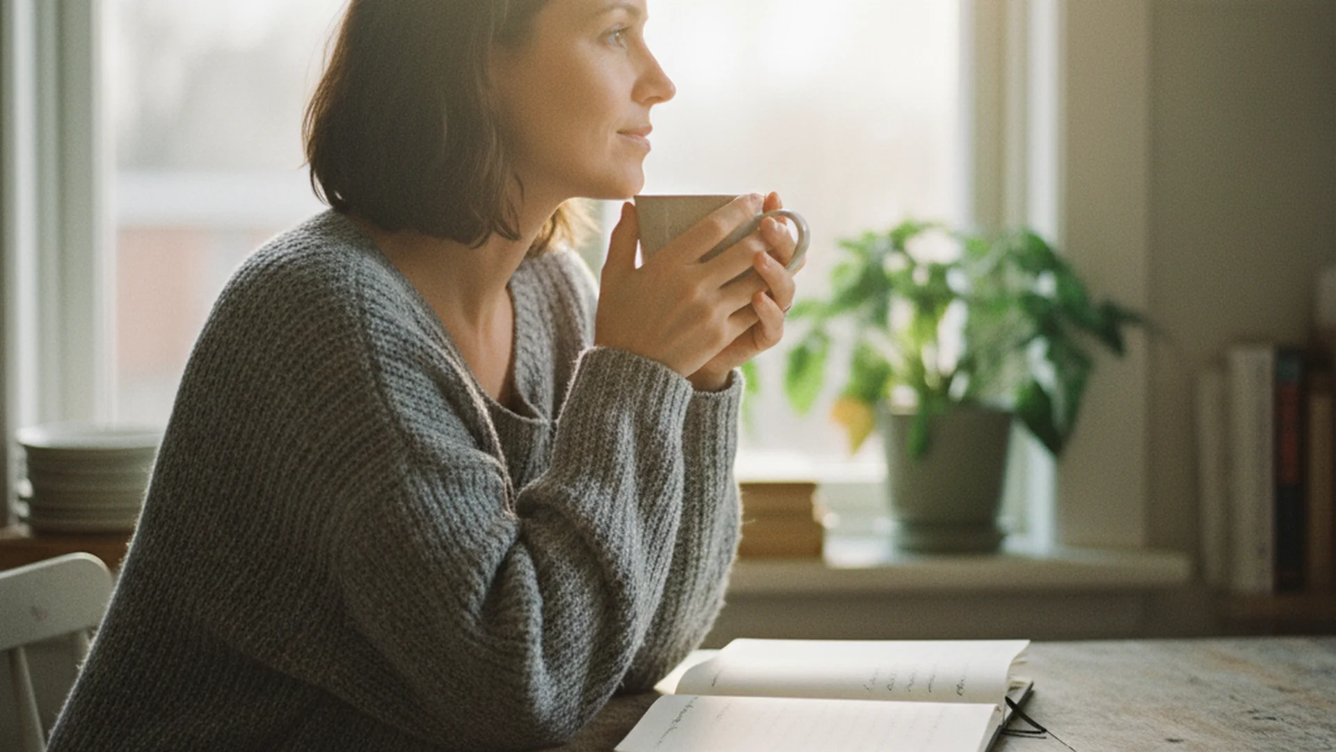 Femme assise à une table en bois, tenant un petit carnet ouvert, lumière naturelle du matin, ambiance douce et sereine