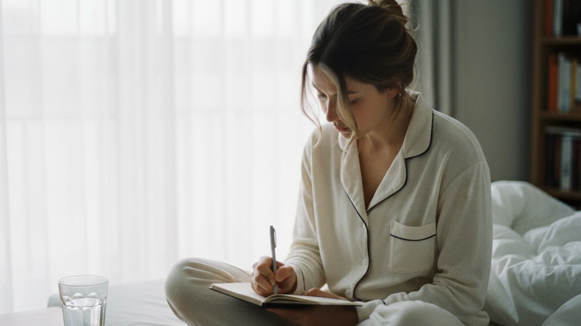 Femme assise sur son lit le matin, écrivant dans un carnet ouvert, lumière naturelle douce, ambiance décontractée