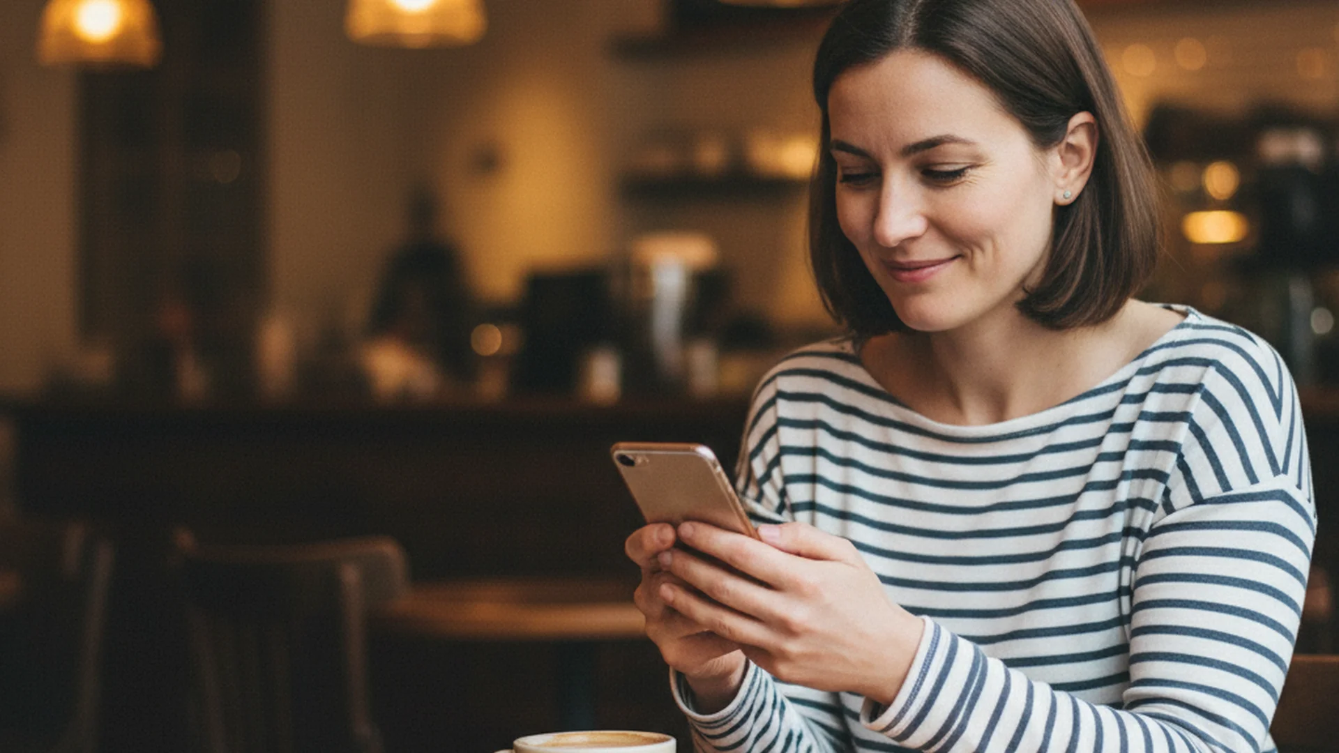 Femme d'environ 33 ans assise dans un café, regardant son téléphone avec un sourire calme, fond légèrement flou avec des tasses