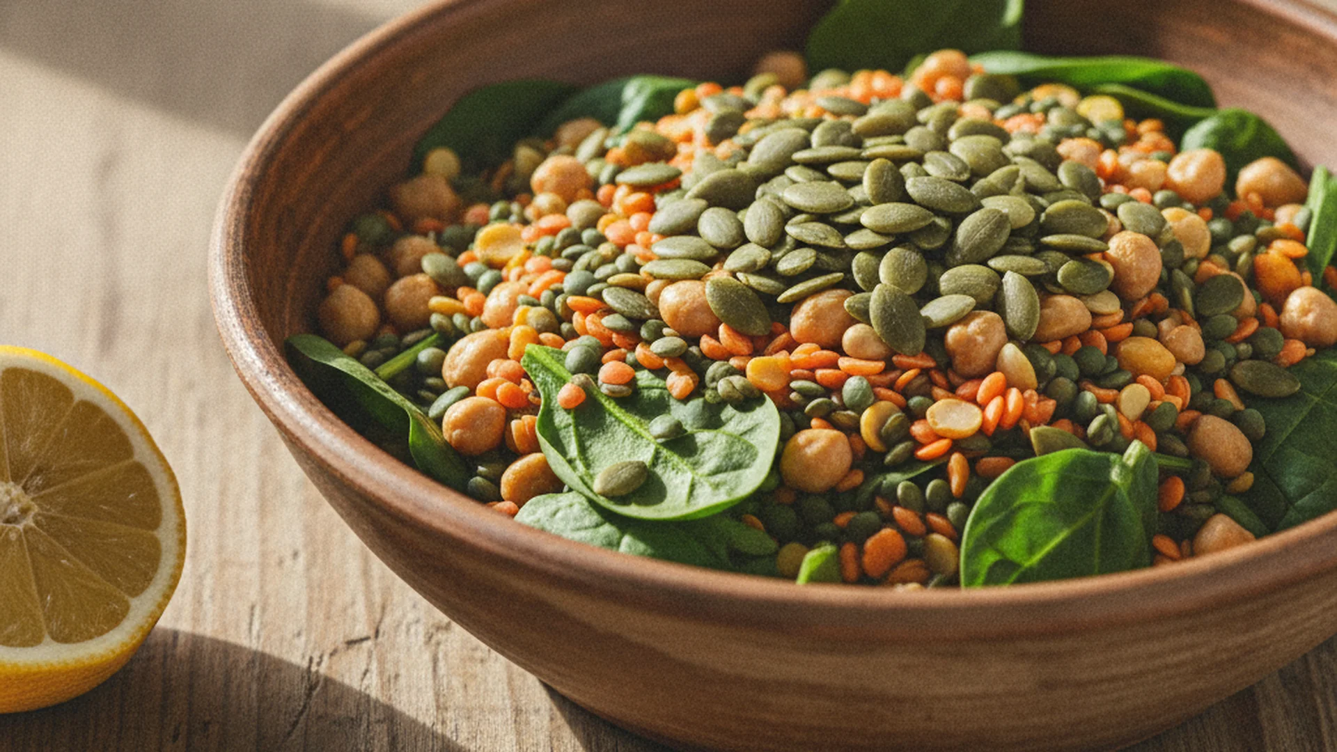 Bol de légumineuses colorées, lentilles, pois chiches, épinards frais et graines de courge sur une table en bois
