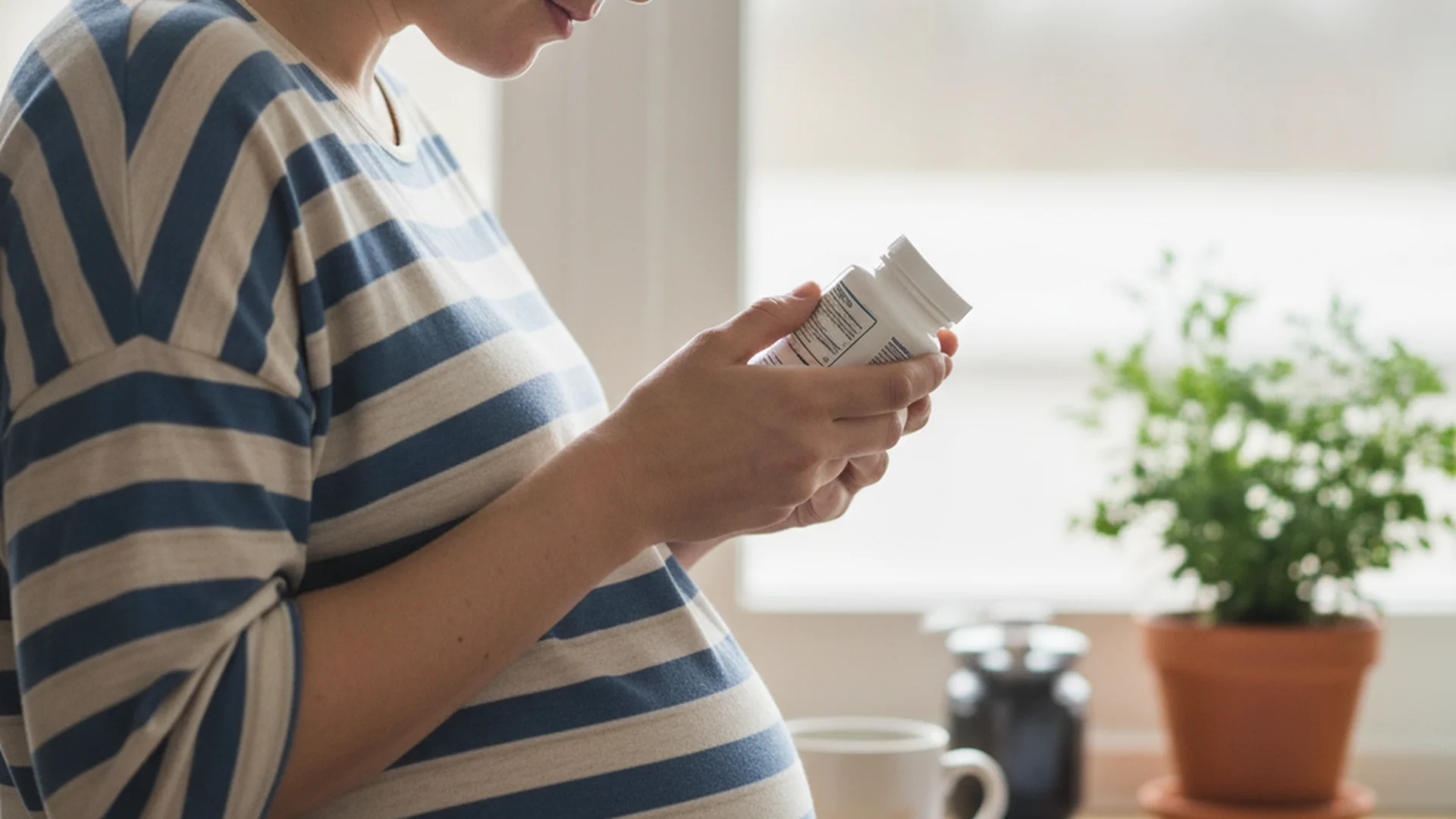 Femme enceinte vérifiant l'étiquette d'un flacon de complément alimentaire dans une cuisine, lumière naturelle, photo prise de côté