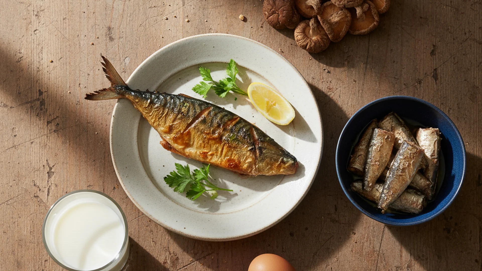 Tableau comparatif illustré des aliments riches en vitamine D sur une ardoise