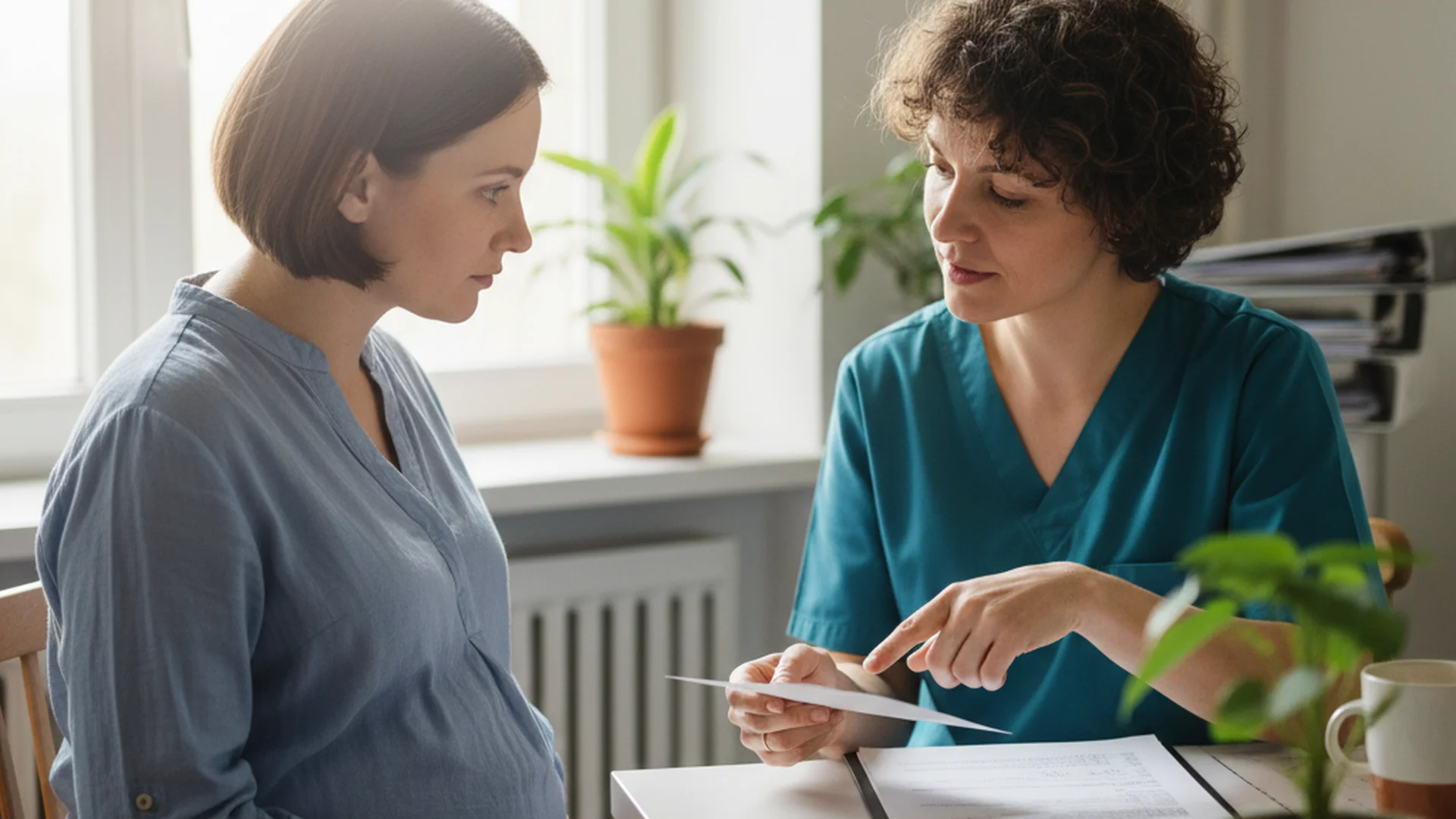 Femme enceinte consultant sa sage-femme dans un cabinet médical lumineux