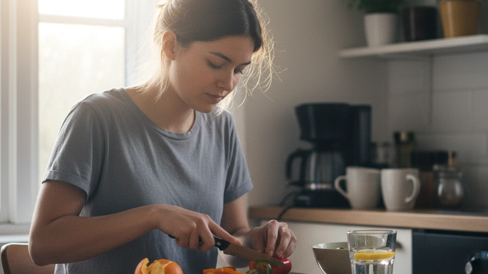 Femme dans une cuisine clairsemée au matin, épluchant une orange devant une fenêtre ouverte, lumière naturelle vive légèrement surexposée, arrière-plan légèrement flou avec des objets du quotidien visibles sur le plan de travail