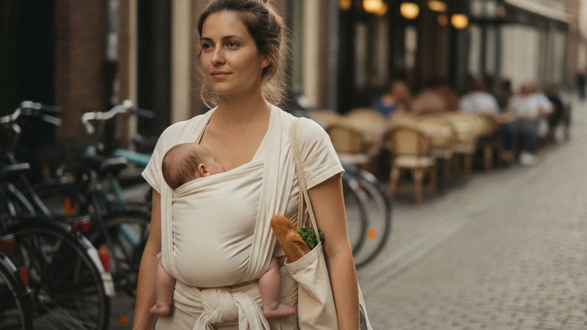 Mère allaitant son bébé dans un porte-bébé en tissu en ville, dos droit, visage détendu
