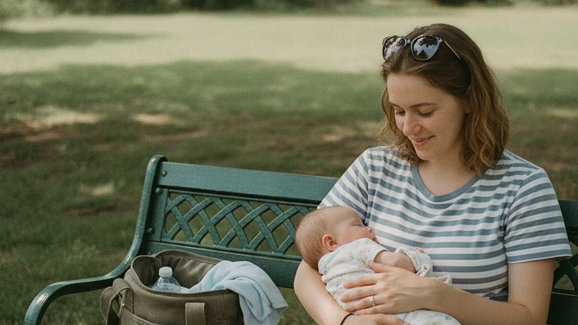Mère allaitant son bébé sur un banc de parc, expression sereine, environnement urbain vert