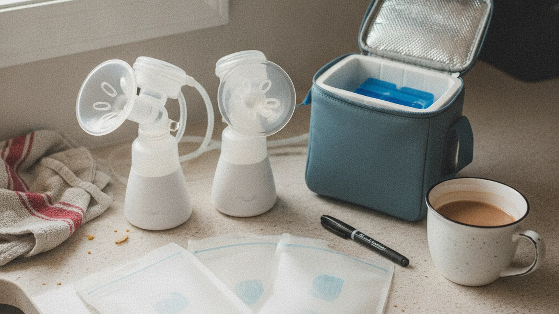 Tire-lait, sachets de conservation et sac isotherme disposés sur un plan de travail de cuisine