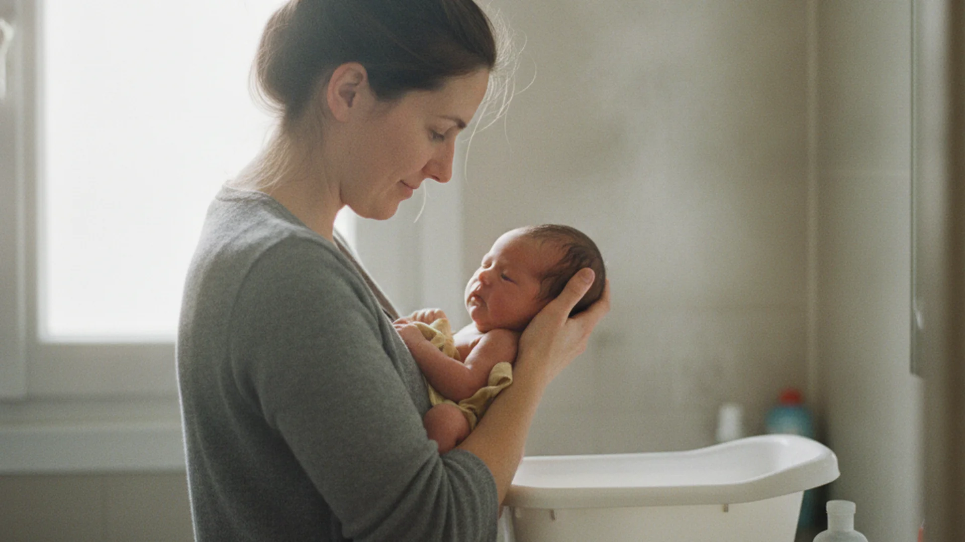 Maman tenant son nourrisson dans une petite baignoire bébé, lumière naturelle douce