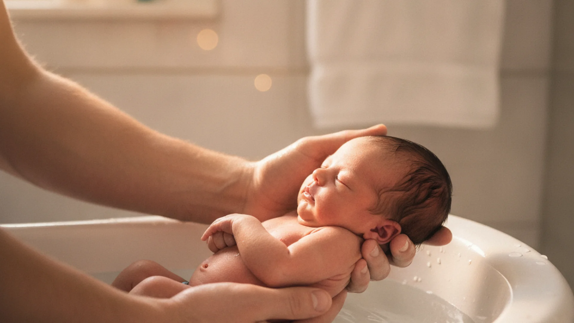 Parent soutenant son nourrisson dans une petite baignoire bébé, une main sous les fesses et l'autre sous la nuque