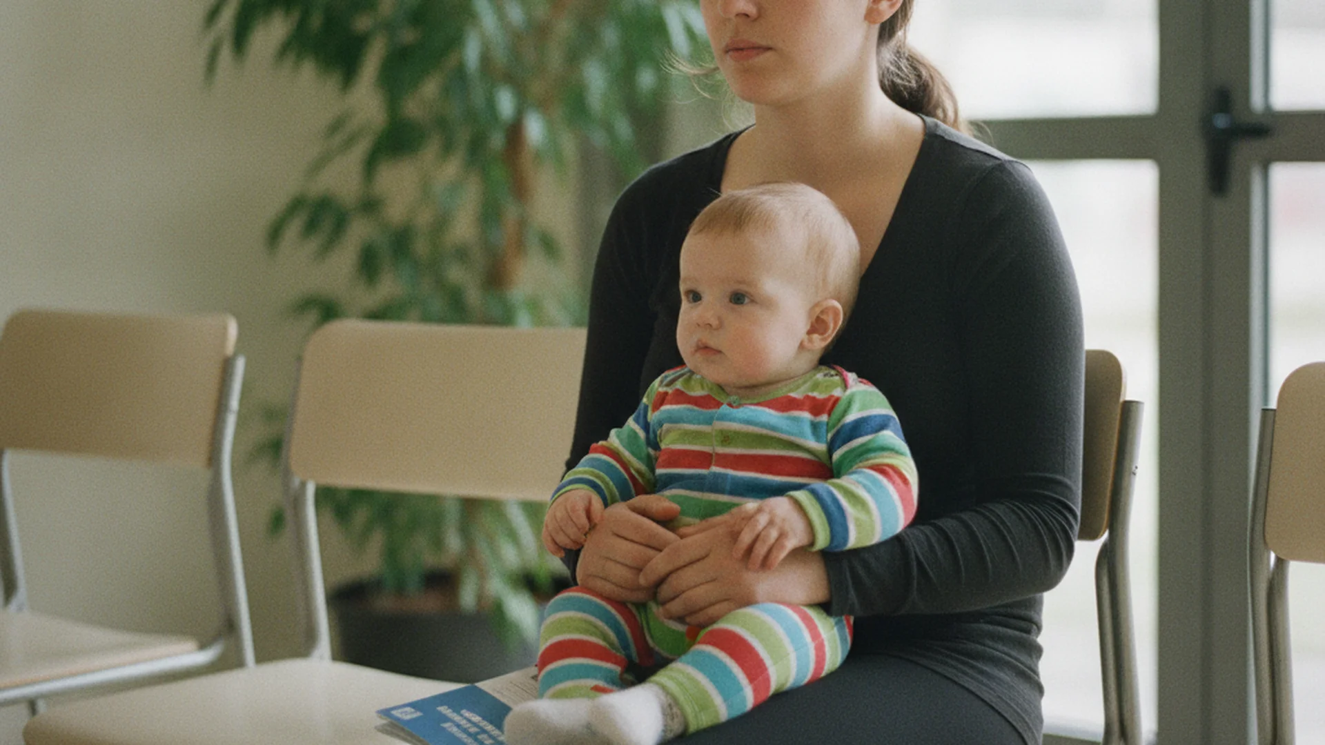 Maman et bébé en PMI dans une salle d'attente lumineuse, avec un carnet de santé sur les genoux
