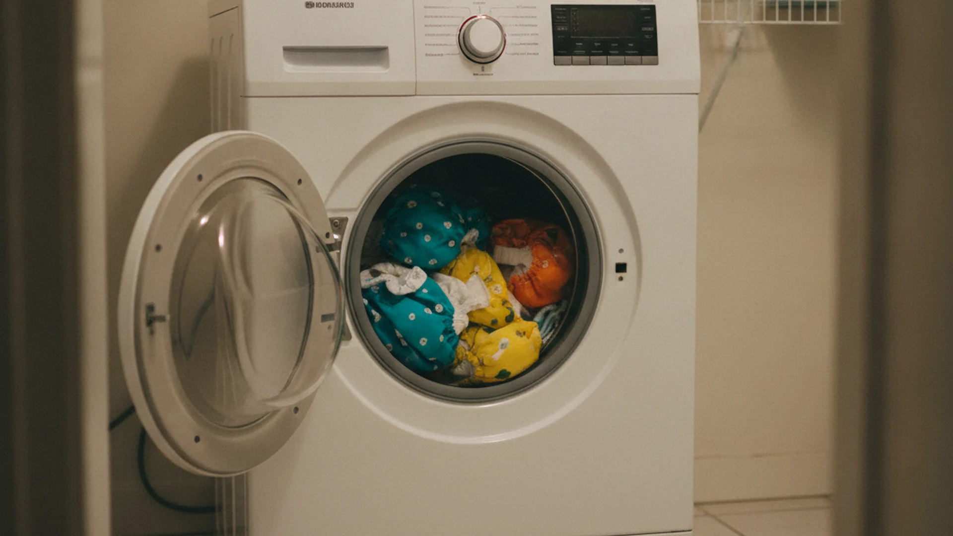 Machine à laver avec du linge de bébé visible à travers le hublot, boîte de lessive éco-label posée sur le dessus, ambiance buanderie du quotidien