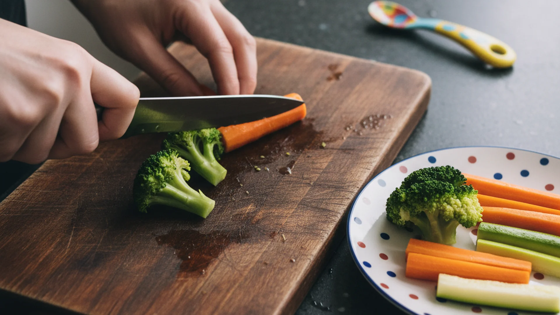Mains d'un parent découpant des légumes cuits en bâtonnets sur une planche en bois, avec une assiette colorée à côté