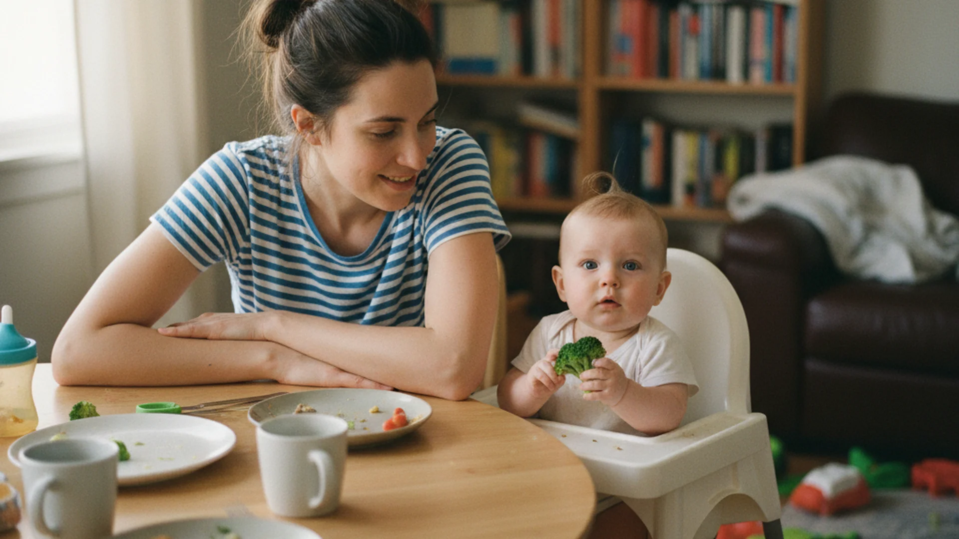 Bébé assis dans une chaise haute à hauteur de table, parent assis en face attentif, repas familial détendu
