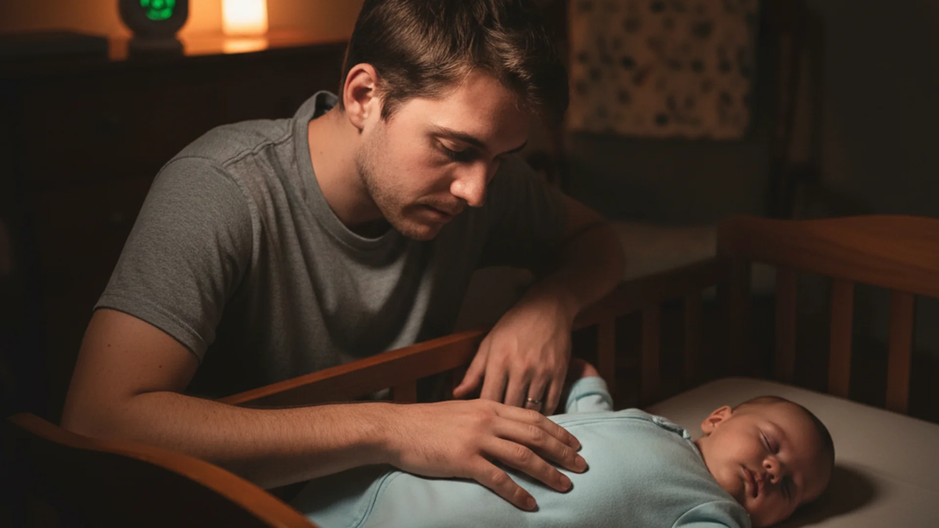 Père assis au bord du lit d'un nourrisson dans l'obscurité, main posée sur le ventre du bébé endormi, posture de présence apaisante