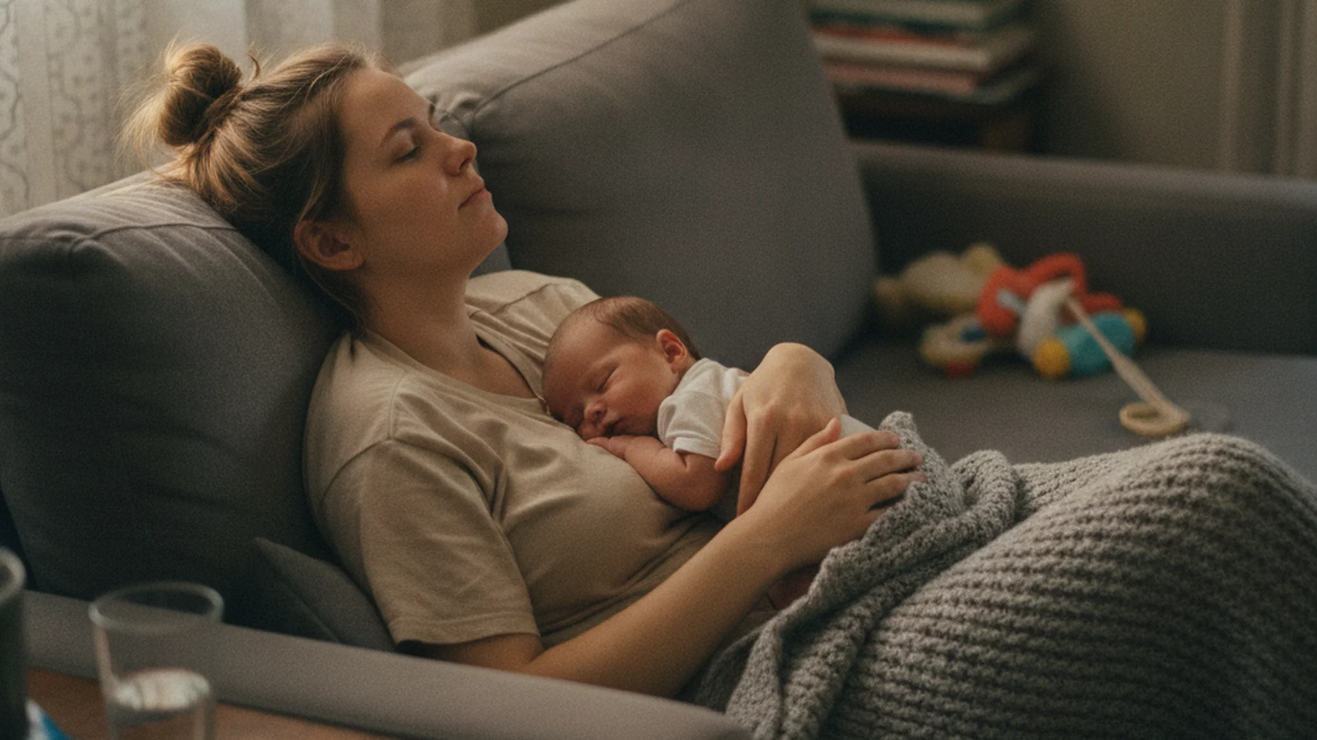 Jeune maman allongée sur un canapé, bébé sur sa poitrine, lumière douce de fin de journée, expression paisible mais fatiguée