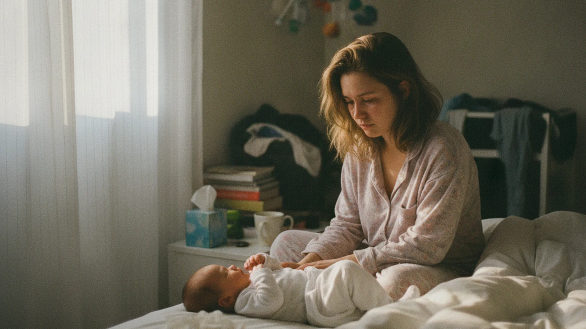 Jeune maman assise sur son lit, yeux rouges d'avoir pleuré, bébé endormi à côté d'elle, matinée lumineuse