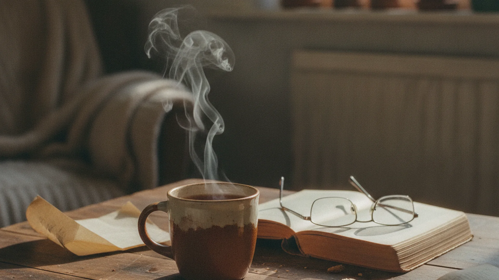 Tasse de thé chaud posée sur une table en bois, livre ouvert à côté, ambiance douce et apaisante, lumière de fenêtre