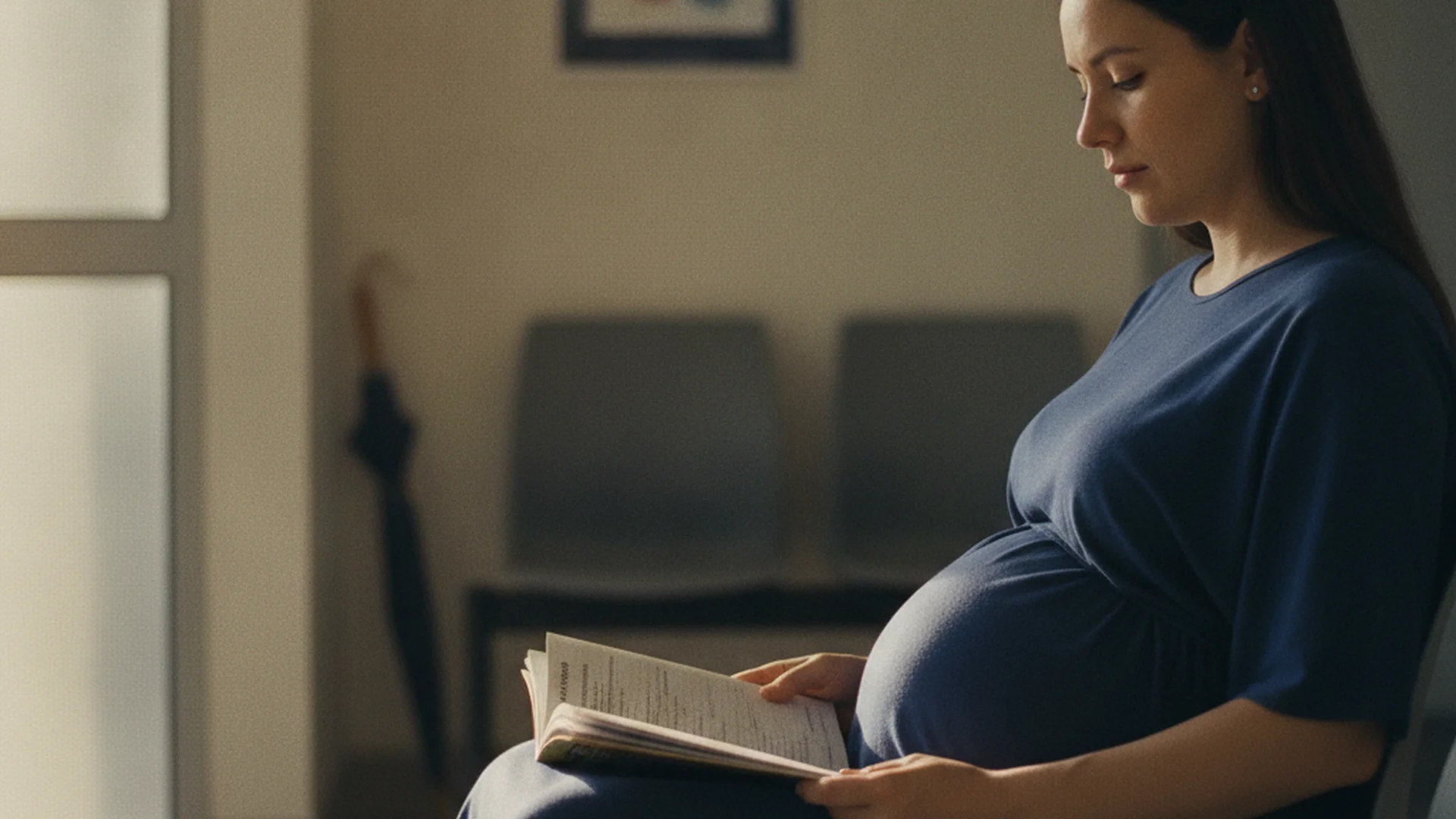 Femme enceinte assise dans la salle d'attente d'un cabinet médical, tenant son carnet de santé maternité ouvert sur les genoux, lumière naturelle douce