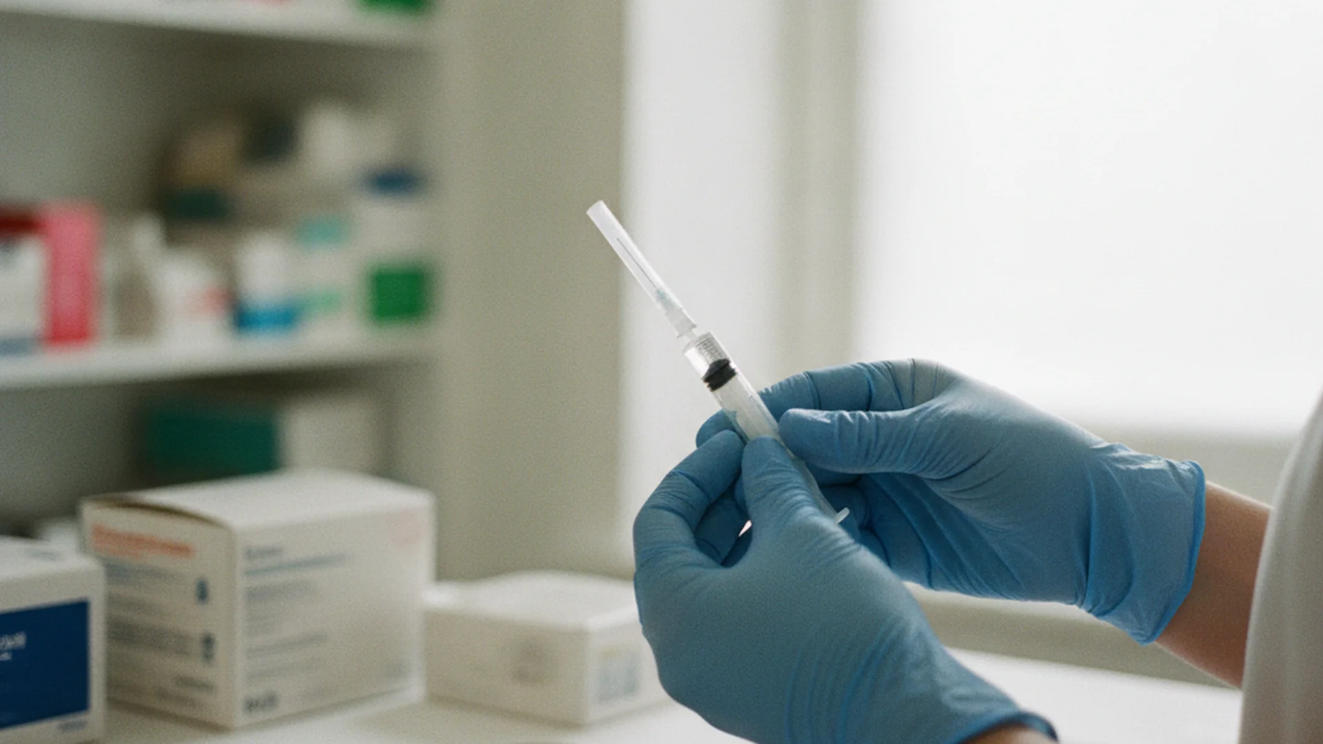 Infirmière préparant une seringue sur un plan de travail en inox dans une pièce médicale lumineuse, fond légèrement flou avec du matériel médical rangé sur des étagères, lumière naturelle de côté