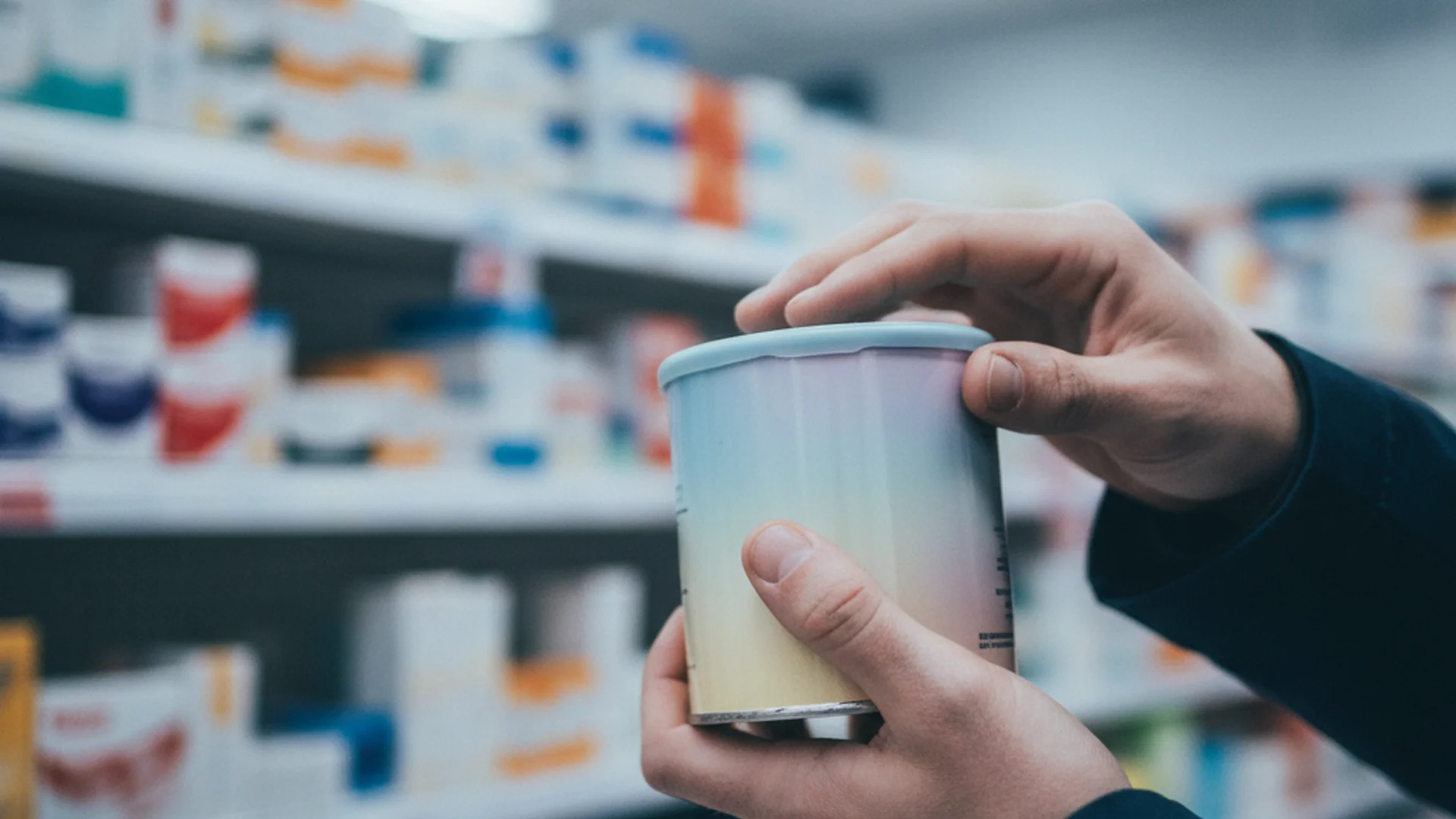 Gros plan sur des boîtes de lait infantile dans un rayon de pharmacie, mains de maman qui tient une boîte