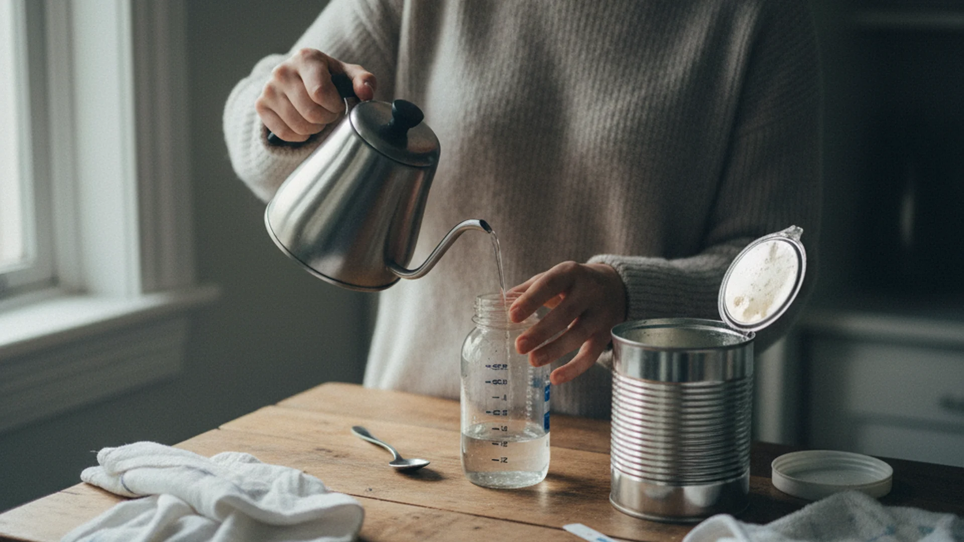 Maman versant de l'eau tiède dans un biberon propre posé sur un plan de travail de cuisine, avec une boîte de lait en poudre ouverte à côté